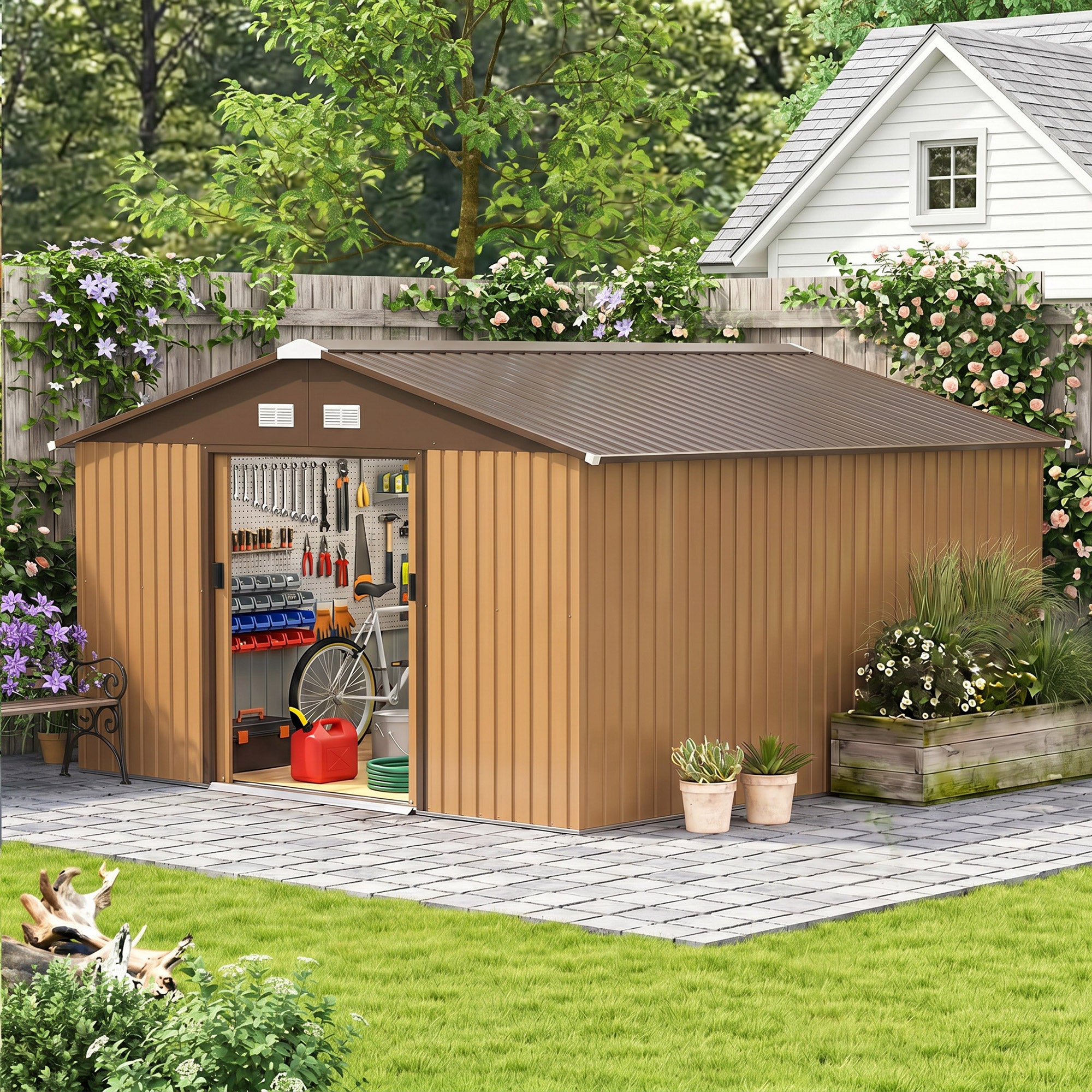 Outsunny 13 x 11ft Metal Garden Shed, Outdoor Storage Tool House with Ventilation Slots, Foundation Kit and Lockable Double Doors, Yellow