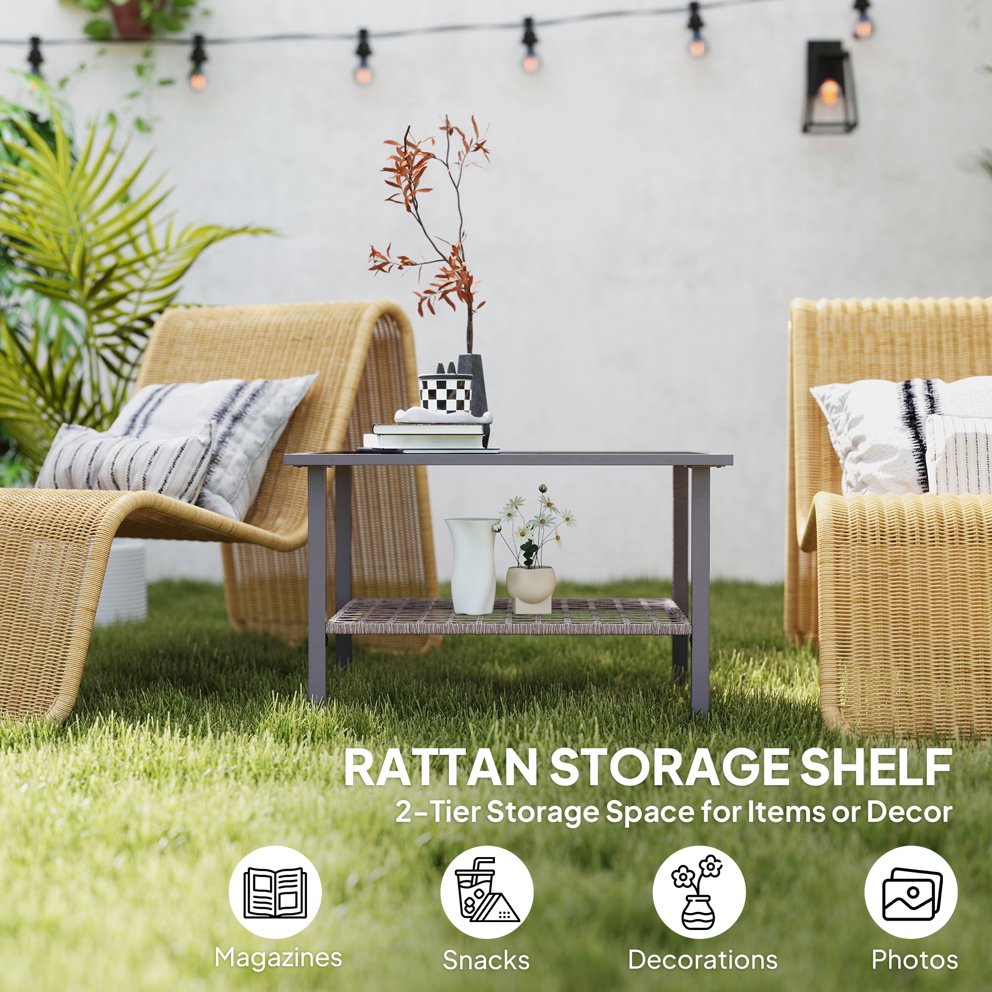 Outsunny Outdoor Rattan Coffee Table with Tempered Glass Top, Storage Shelf, Foot Pads, for Patio, Balcony, Mixed-grey - North Peak Garden Furniture