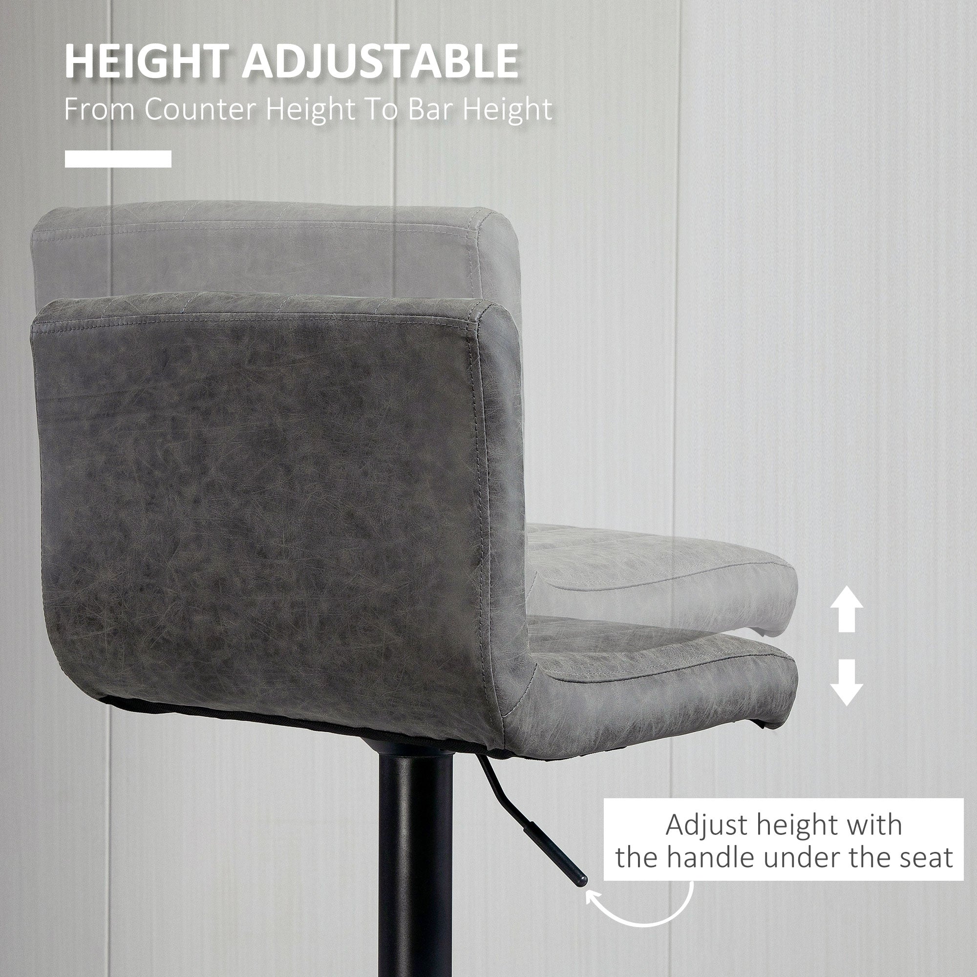 HOMCOM Adjustable Barstools Set of 2, Swivel Counter Bar Chairs, Bar Stools with Footrest, PU Leather, Gas Lift, Grey - North Peak Garden Furniture