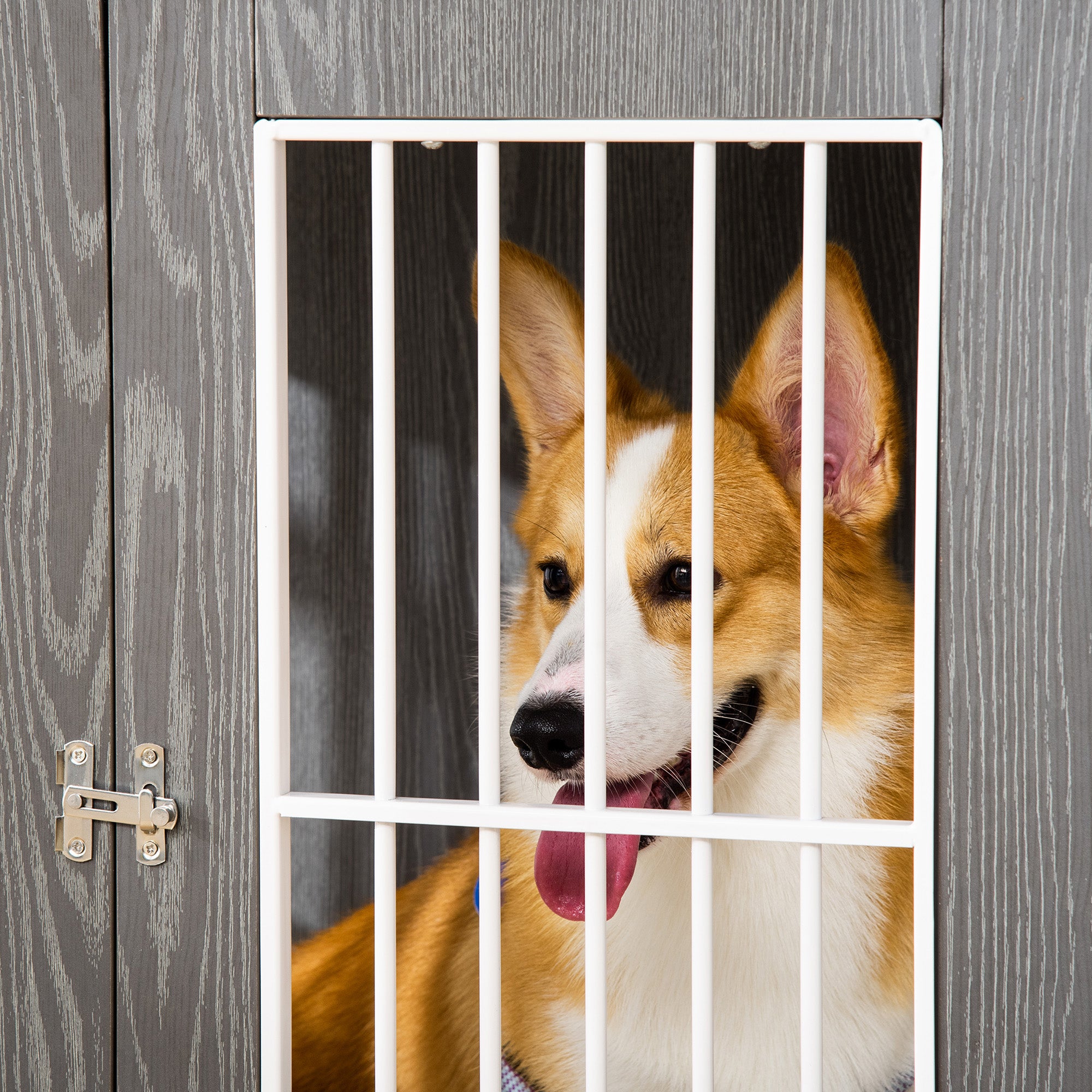PawHut Dog Crate Wooden Pet Kennel Cage End Table w/ Lockable Door for Small Medium Dog Grey & White 85 x 55 x 75 cm - North Peak Garden Furniture