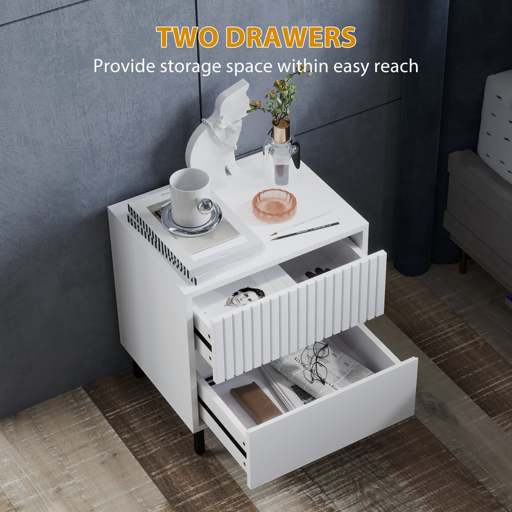 HOMCOM Simple Line Indented Two-Drawer Bedside Table - White - North Peak Garden Furniture