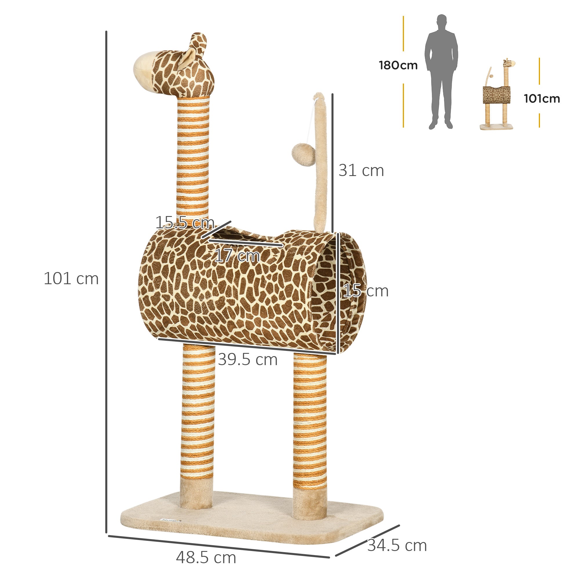 PawHut Giraffe-Designed Cat Tree, with Scratching Posts, Cat Tunnel, Toy Ball - Beige - North Peak Garden Furniture