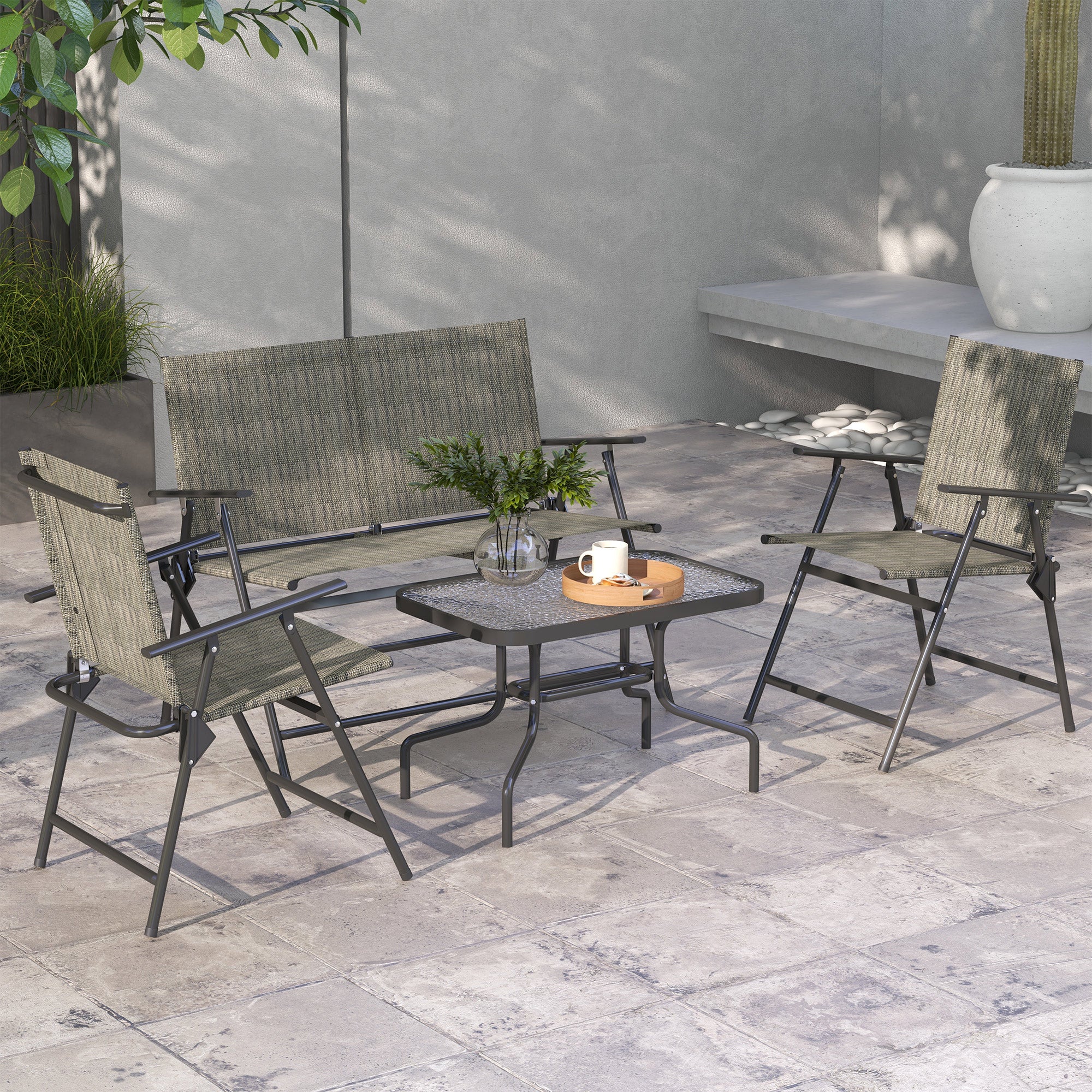 Outsunny Outdoor 4 Pieces Patio Furniture Set with Breathable Mesh Fabric Seat & Backrest, Garden Set with Two Foldable Armchairs, a Loveseat & Glass Top Table, Mixed Brown - North Peak Garden Furniture