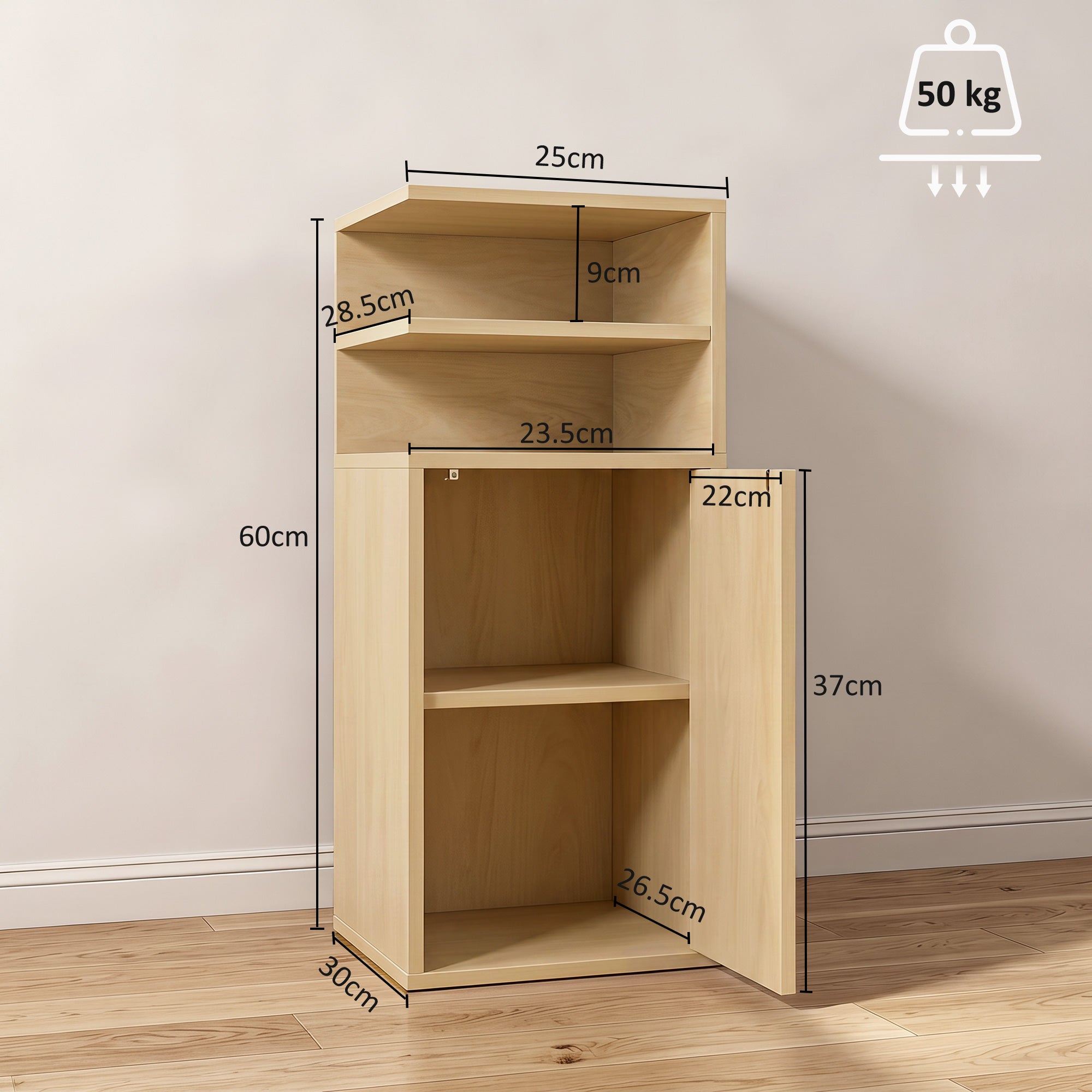 HOMCOM Slim Bedside Table Set of 2, Narrow Bedside Cabinet with Open Cubbies and Cupboard for Bedroom Living Room, Oak
