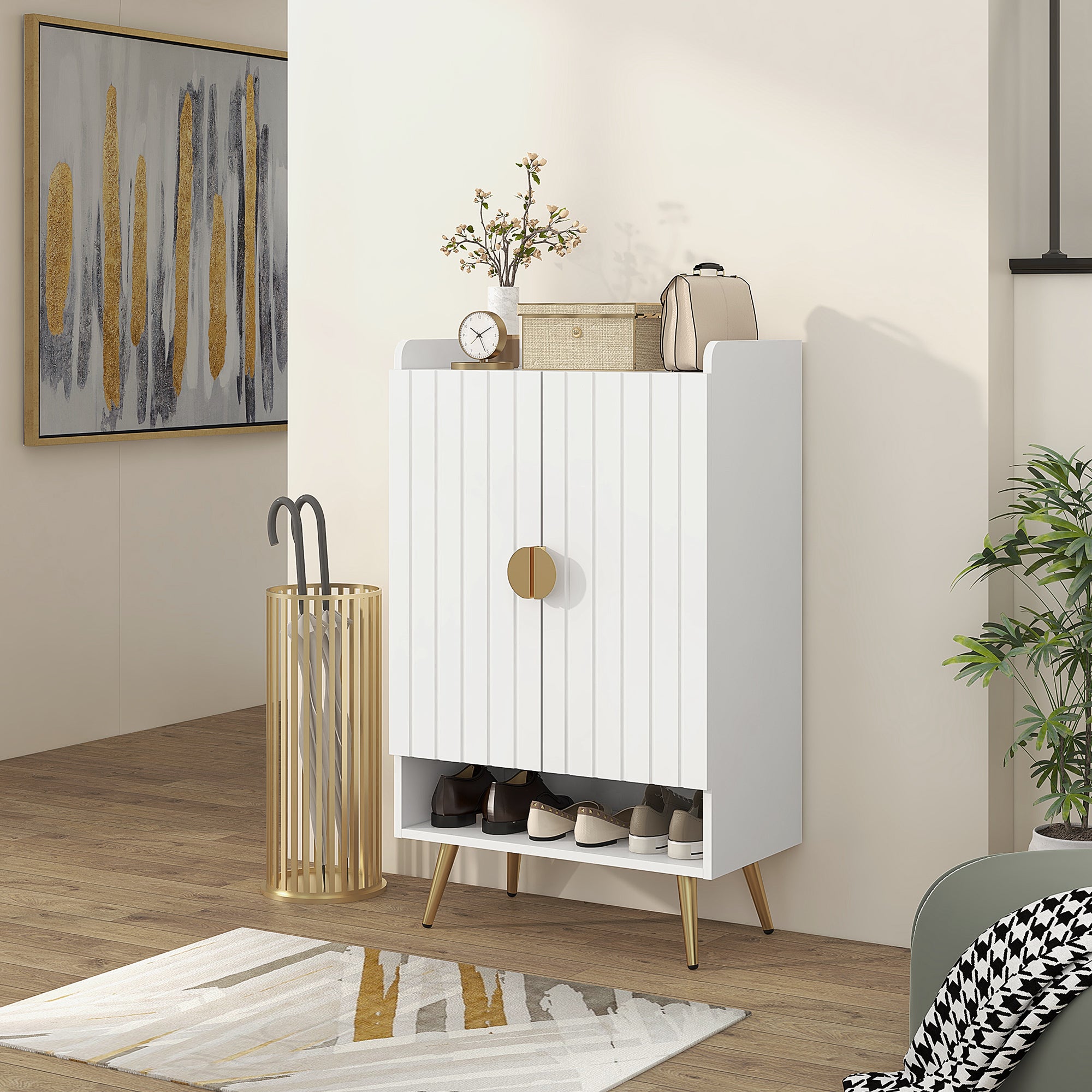 HOMCOM Modern Shoe Cabinet with 2 Doors, Open Shelf and Adjustable Shelves, Hallway Shoe Cupboard for 15 Pairs of Shoes, Entryway Storage Unit, White - North Peak Garden Furniture