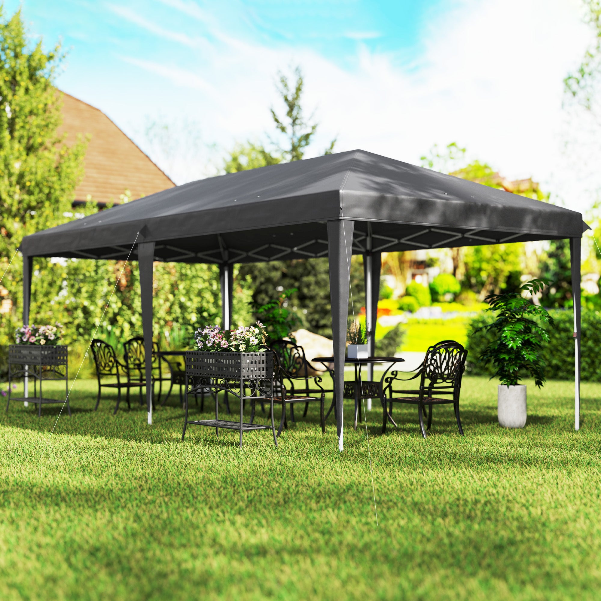 Outsunny Pop Up Gazebo, Double Roof Foldable Canopy Tent, Height Adjustable Wedding Awning Canopy w/ Carrying Bag, 6 m x 3 m x 2.7 m, Grey - North Peak Garden Furniture