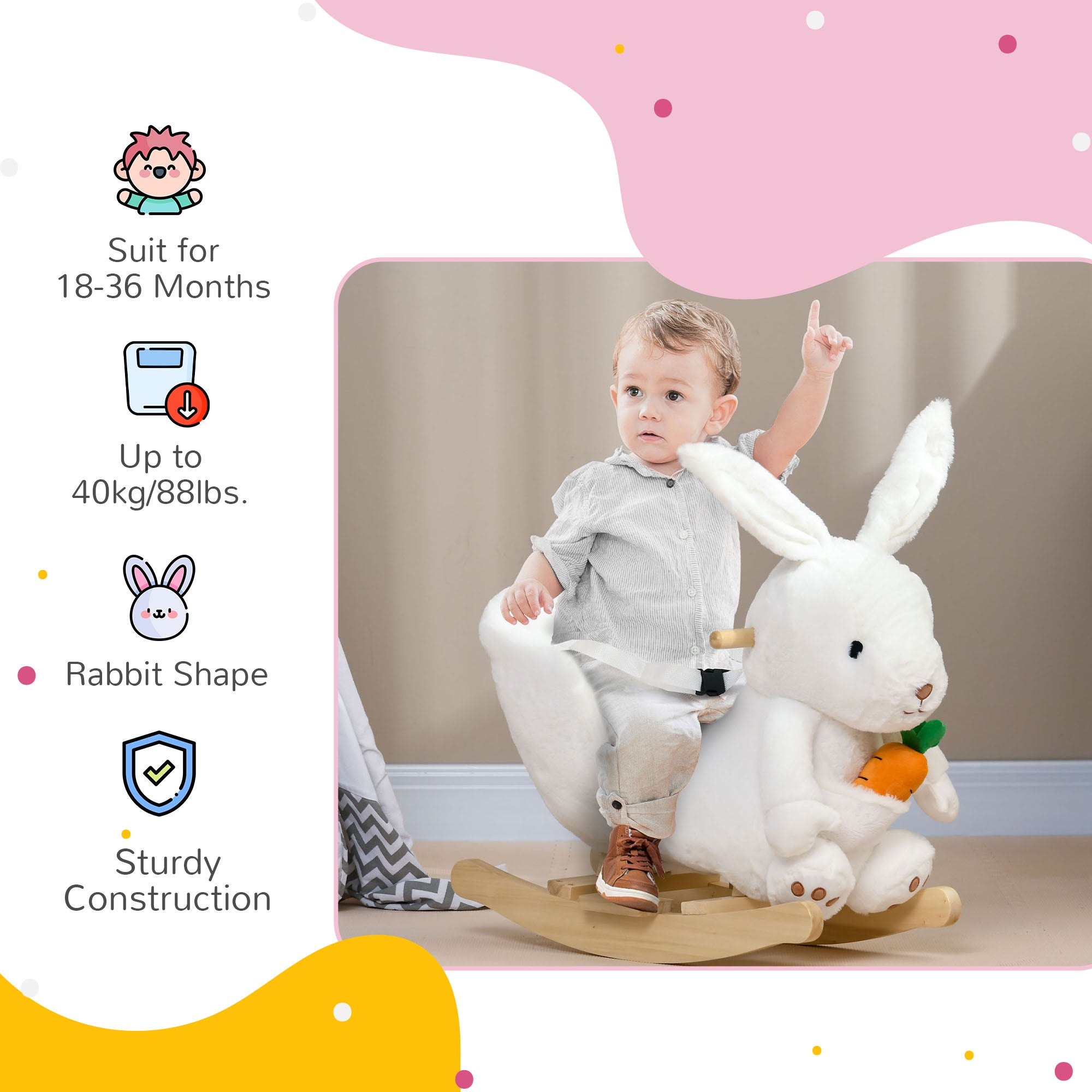 HOMCOM Kids Rabbit-Shaped Rocking Horse, with Safety Belt, Realistic Sounds, for Ages 18-36 Months - White - North Peak Garden Furniture