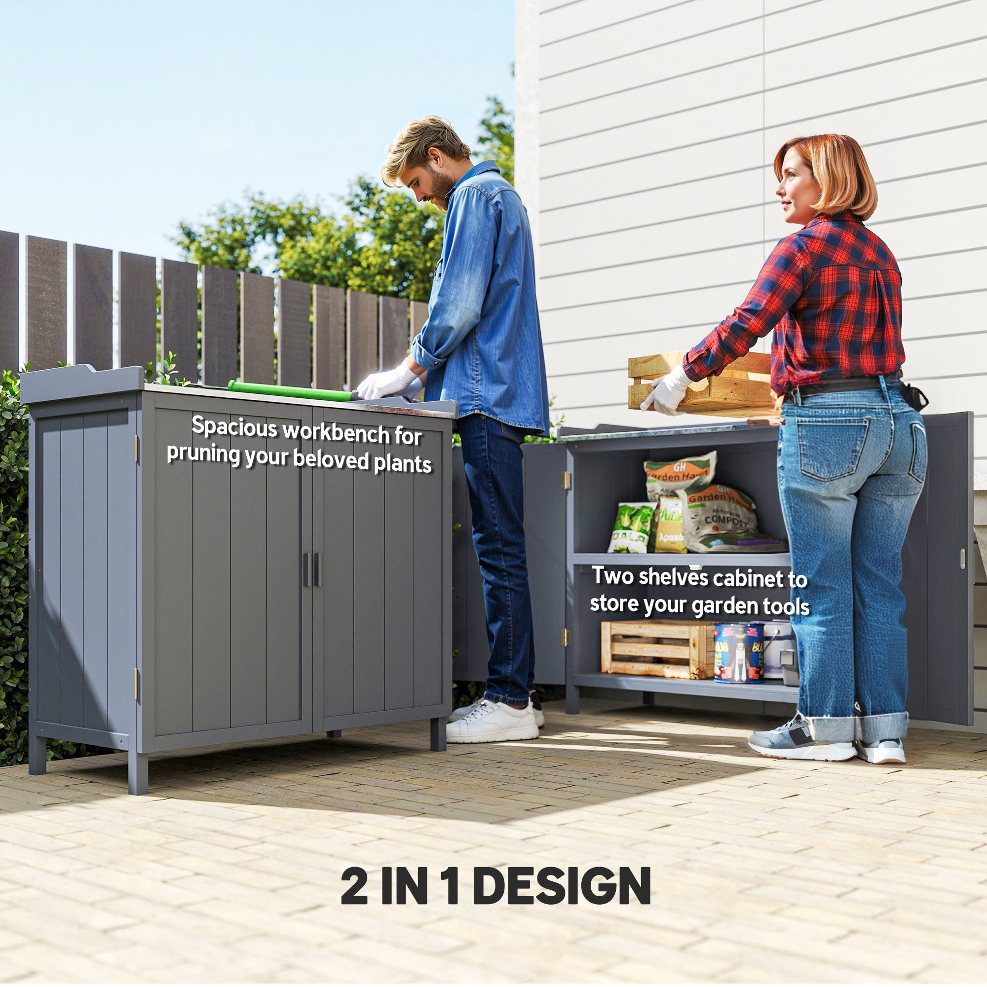 Outsunny Garden Storage Cabinet, Outdoor Tool Shed, Potting Bench Table with Galvanized Top and Two Shelves for Yard Tools or Pool Accessories, Grey