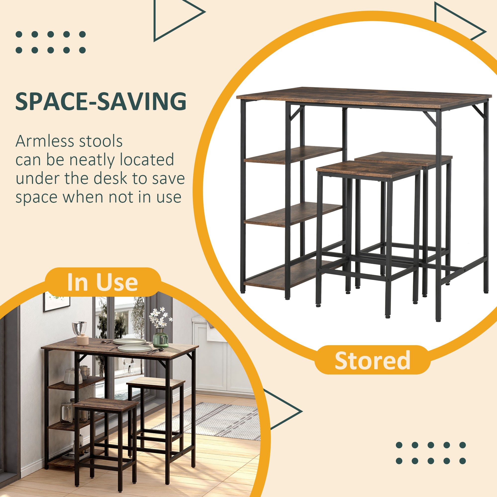 HOMCOM Industrial Bar Height Dining Table Set With 2 Stools & Side Shelf, 3 Pieces Coffee Table for Dining Room, Kitchen, Dinette - North Peak Garden Furniture