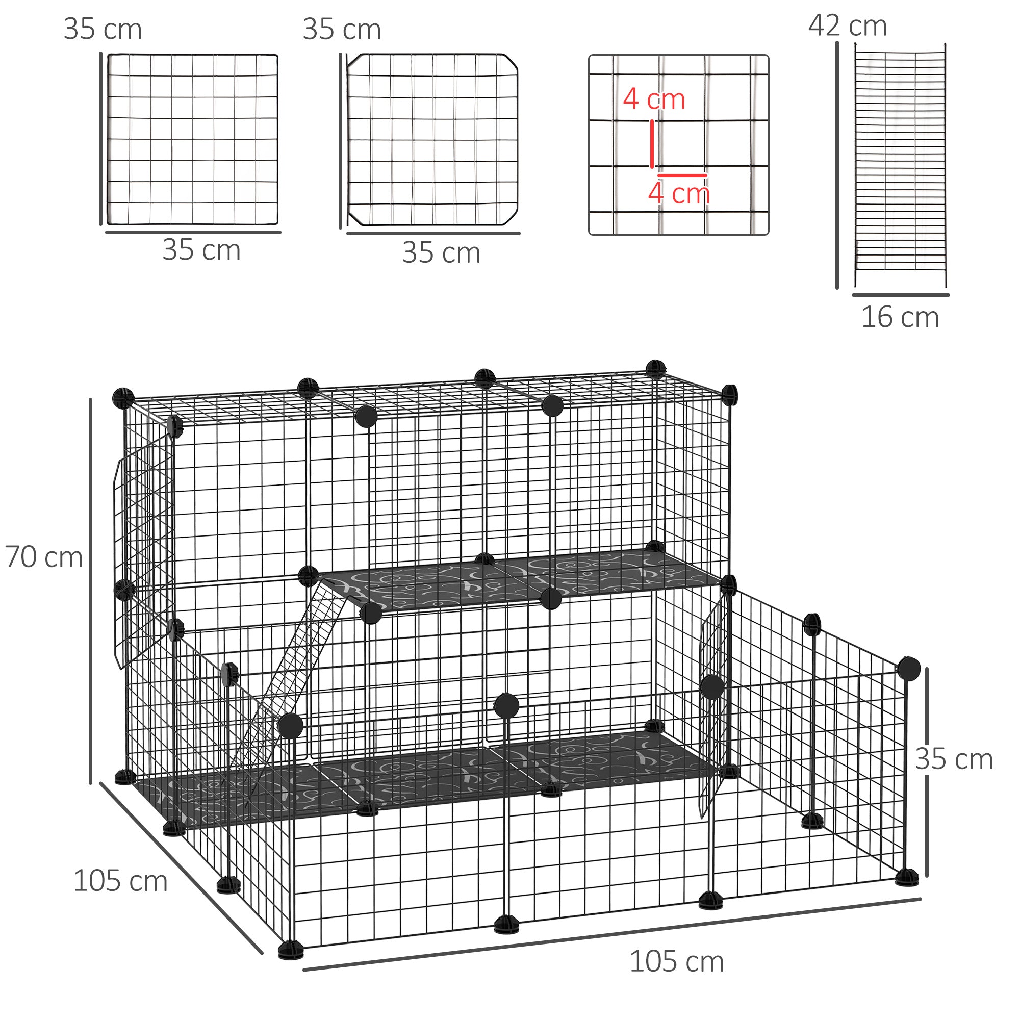 PawHut Pet Playpen w/ Door Customisable Fence for Guinea Pigs Chinchillas Hedgehogs - Black - North Peak Garden Furniture