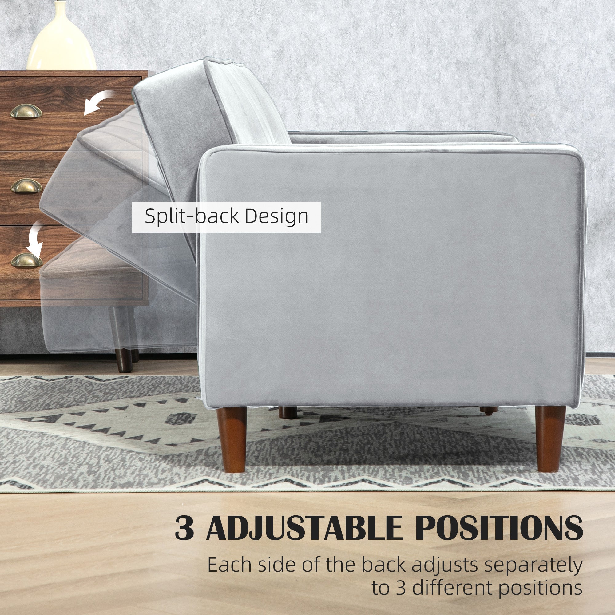 HOMCOM Modern Convertible Sofa Futon Velvet-Touch Tufted Couch Compact Loveseat with Adjustable Split Back, Light Grey - North Peak Garden Furniture