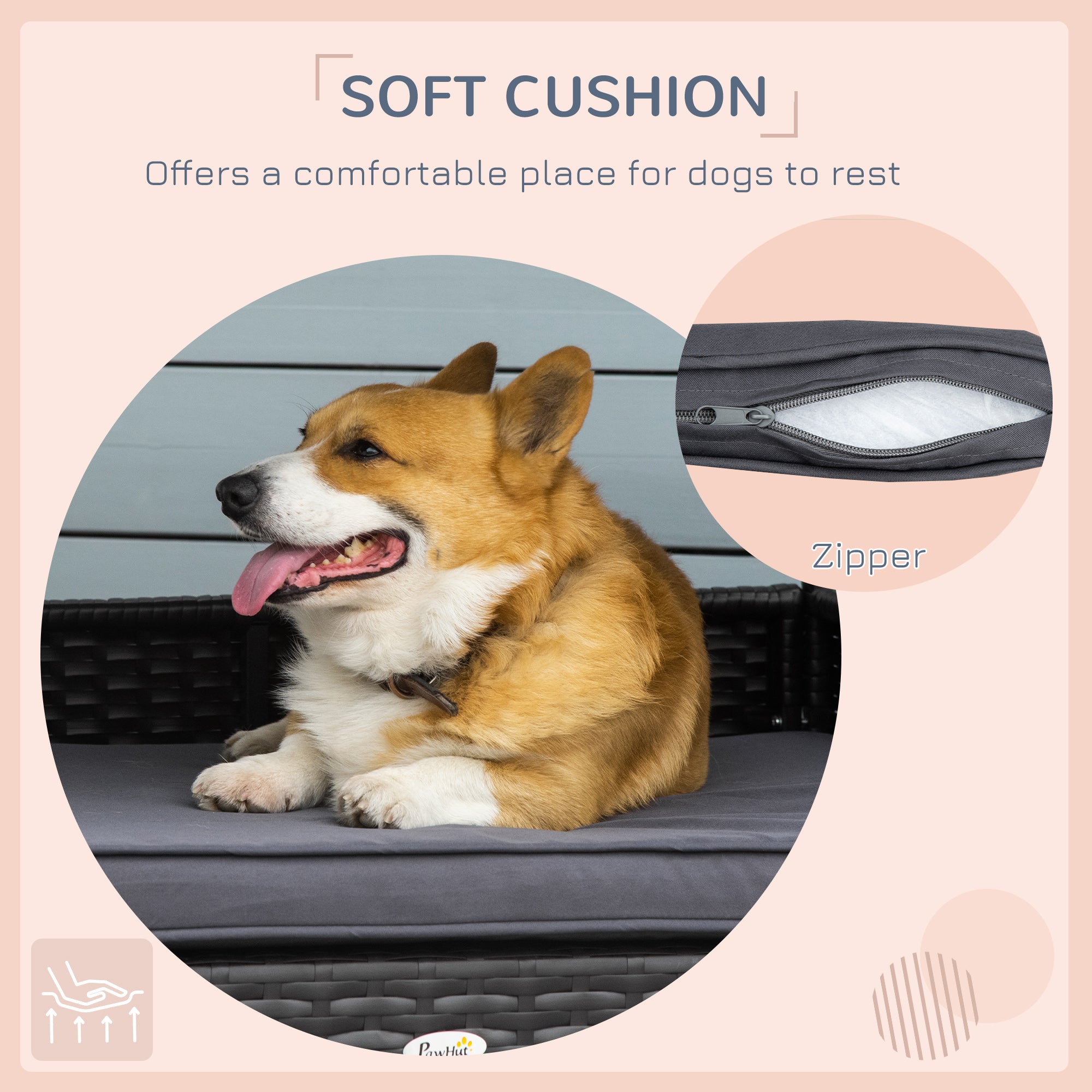 PawHut Wicker Dog Bed, Elevated Rattan Dog House with Removable Cushion and Canopy, for Small and Medium Dogs, 98 x 69 x 70cm - Grey - North Peak Garden Furniture