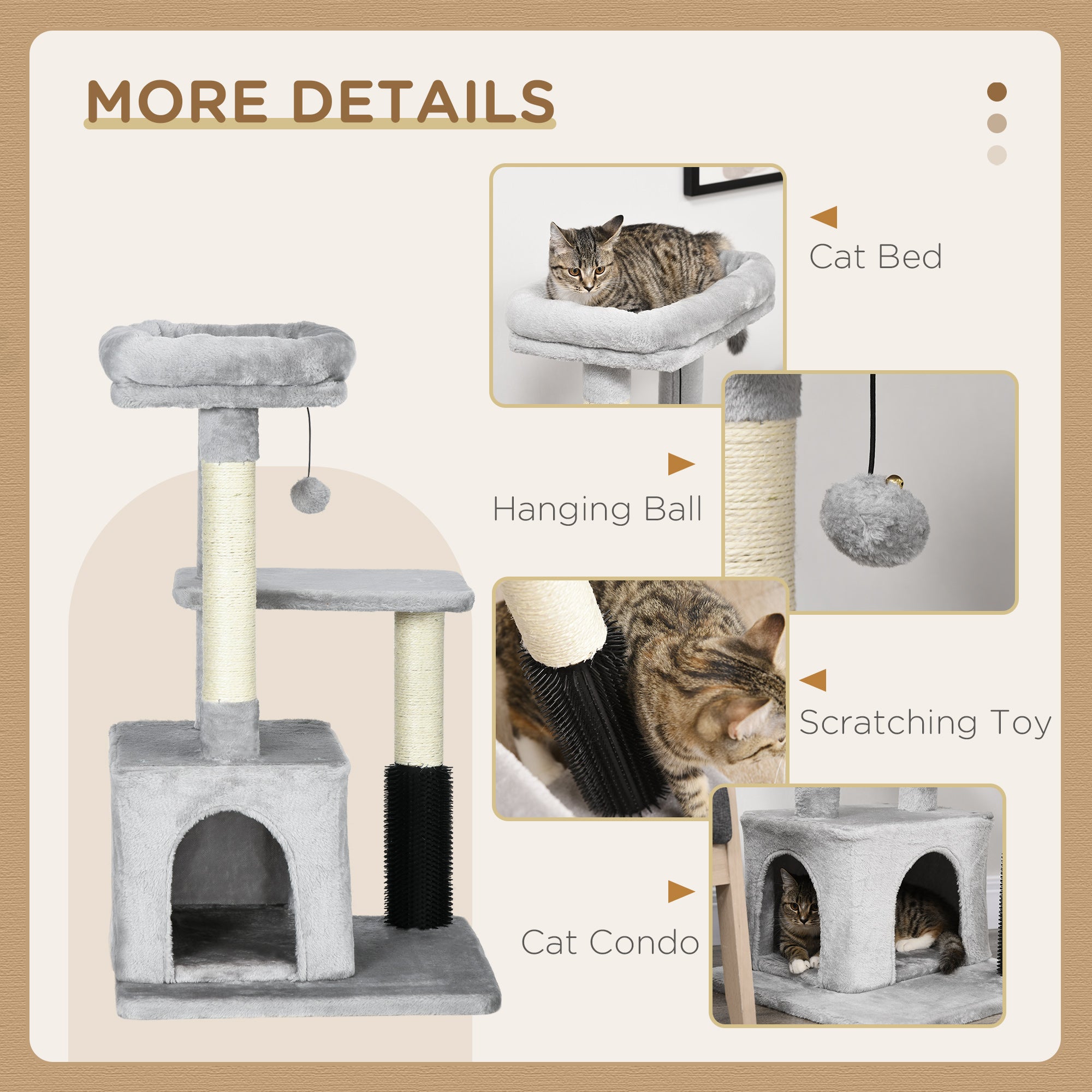 PawHut Cat Tree for Indoor Cats Climbing Tower Kitten Scratch Post Activity Center Kitten with Massage Toy Hanging Ball Bed Condo Perch 48 x 48 x 85cm Grey - North Peak Garden Furniture