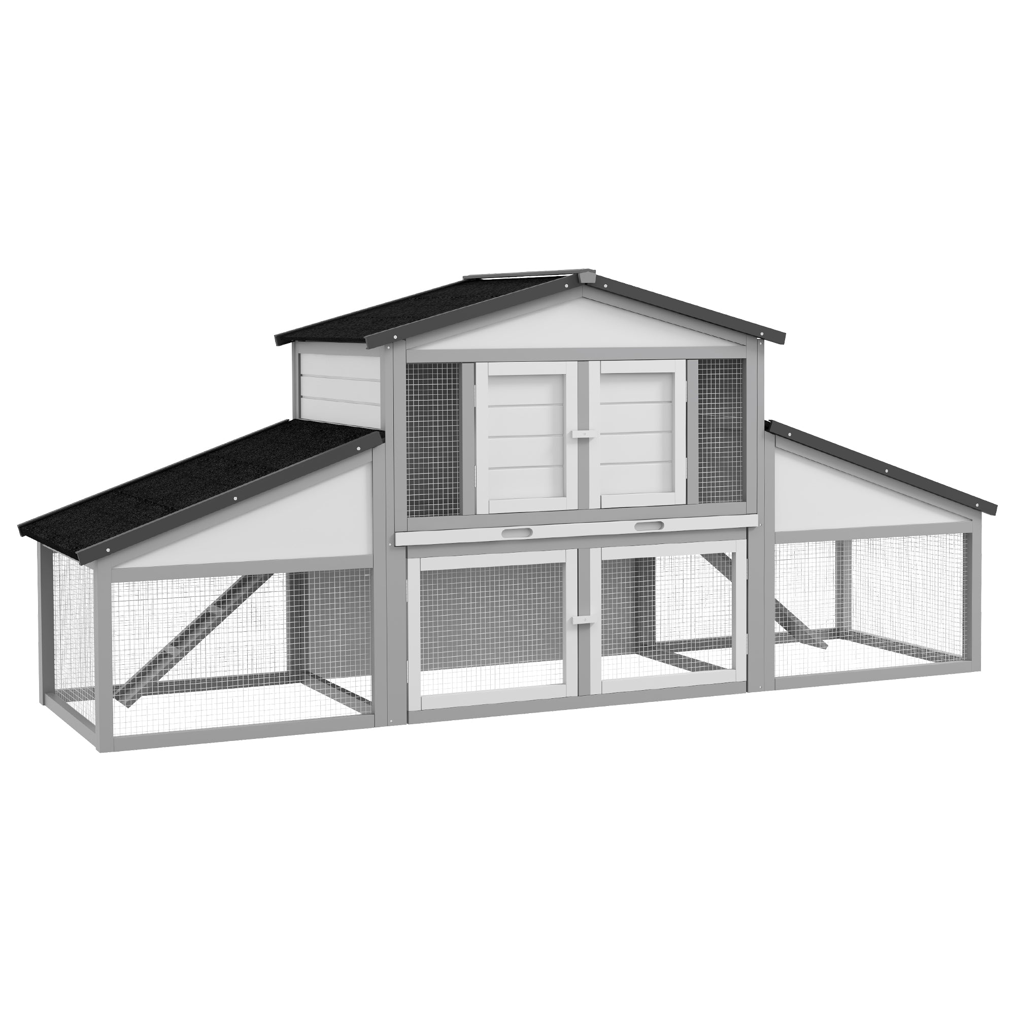 PawHut Large Rabbit Hutch with Run, Outdoor Bunny Cage, with Tray, Ramp - Light Grey - North Peak Garden Furniture