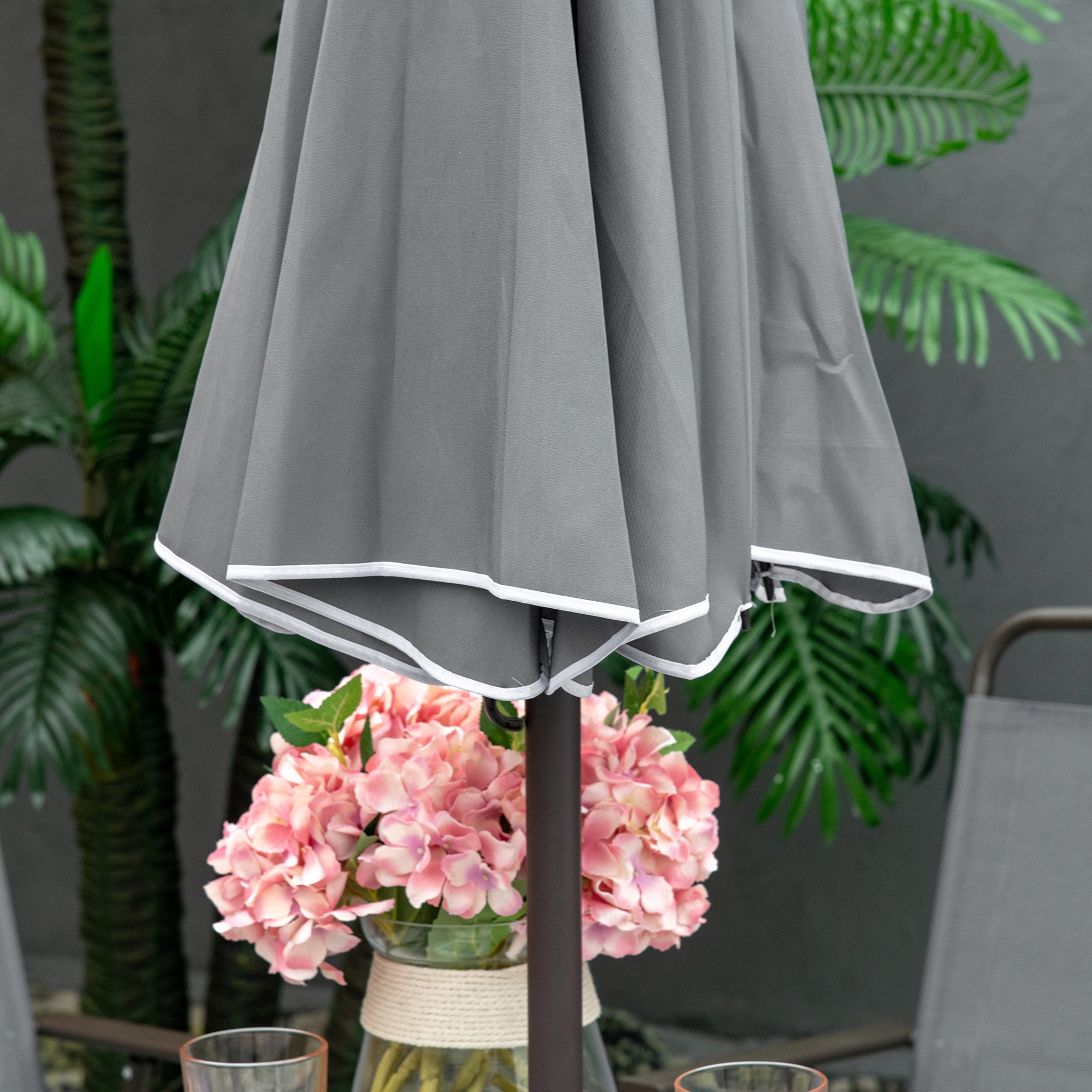 Outsunny 6 Piece Garden Dining Set with Umbrella, Patio Sets with Parasol with 4 Folding Dining Chairs & Round Tempered Glass Table, Grey - North Peak Garden Furniture