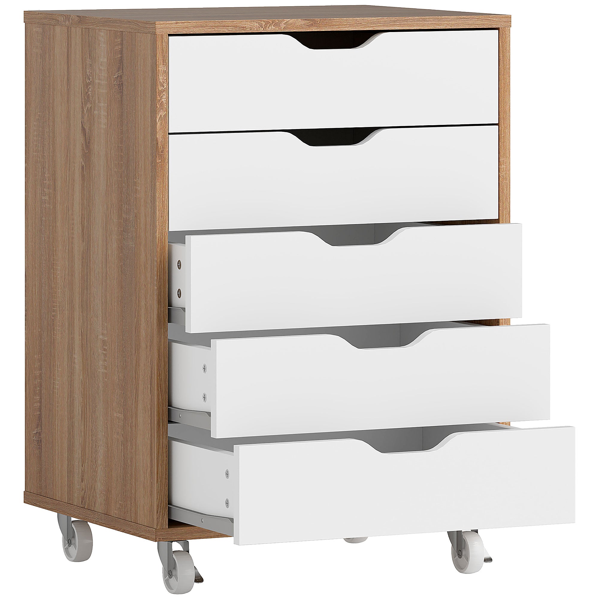 Vinsetto Five-Drawer Filing Cabinet, with Wheels - Oak Brown - North Peak Garden Furniture