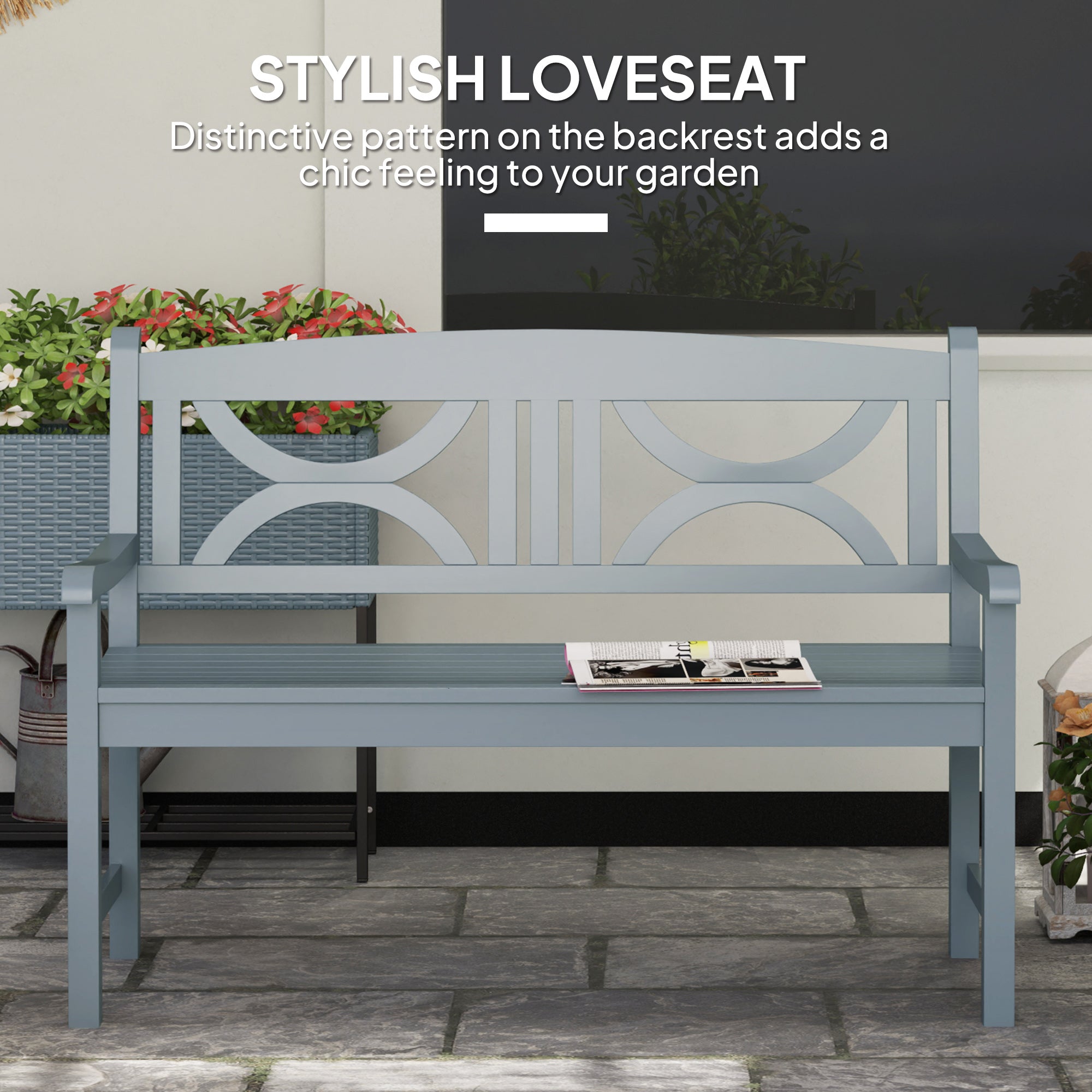 Outsunny 2-Seater Wooden Garden Bench Outdoor Patio Loveseat for Porch, Grey - North Peak Garden Furniture