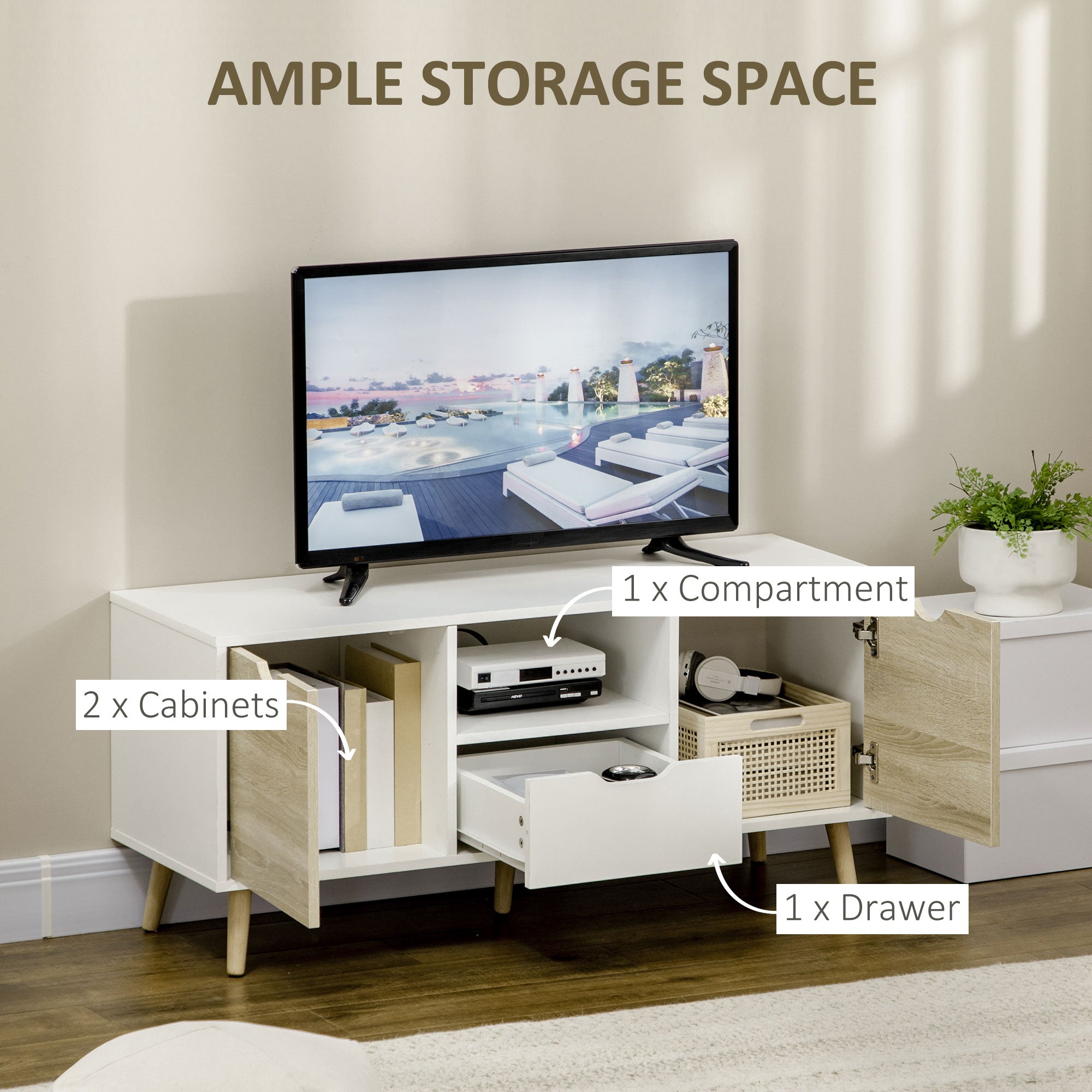 HOMCOM TV Unit Cabinet for TVs up to 50 Inches, TV Stand with Storage Cabinets and Drawer for Living Room and Bedroom, Natural - North Peak Garden Furniture