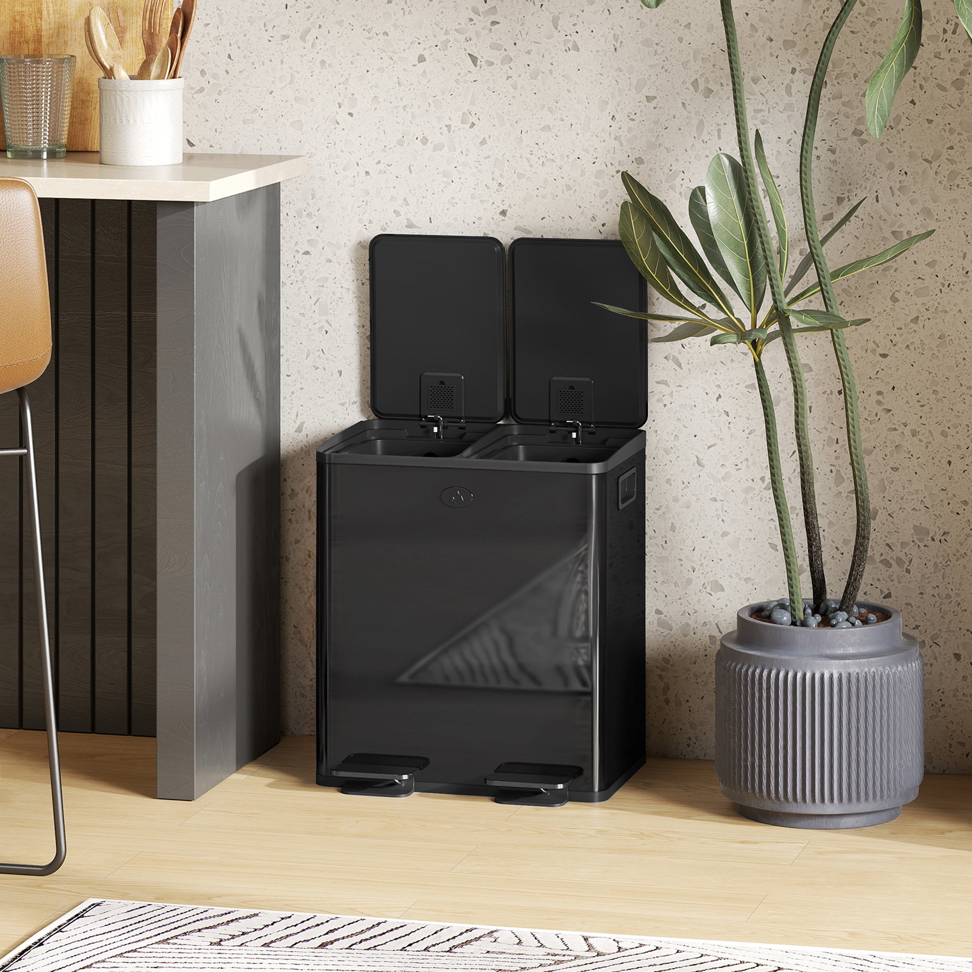 HOMCOM 40L Dual Compartment Stainless Steel Bin, with Deodoriser Holders - Glossy Black
