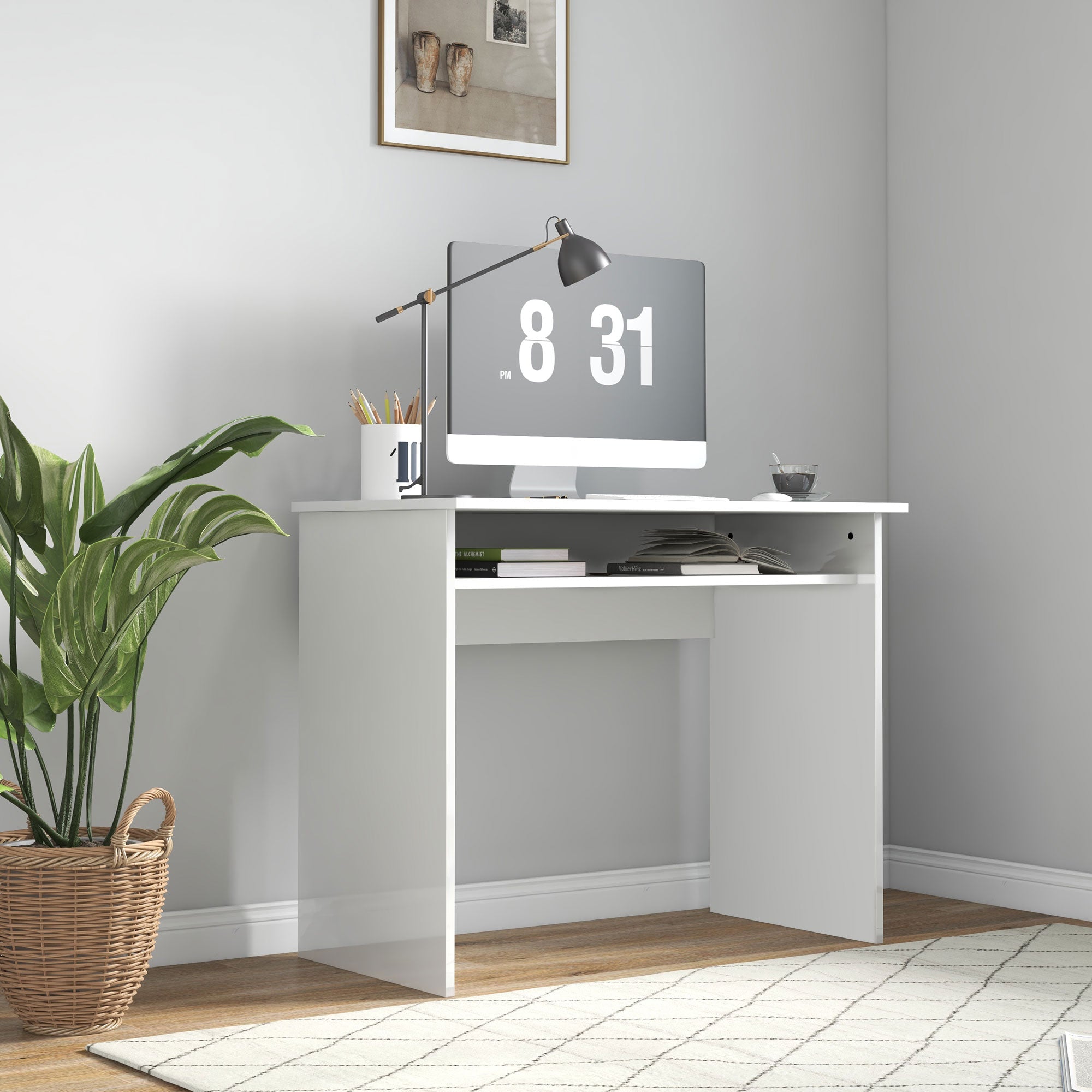 HOMCOM Modern Home Office Desk, 90 x 50cm Computer Table, Small Writing Desk with Storage Shelf, High Gloss, White