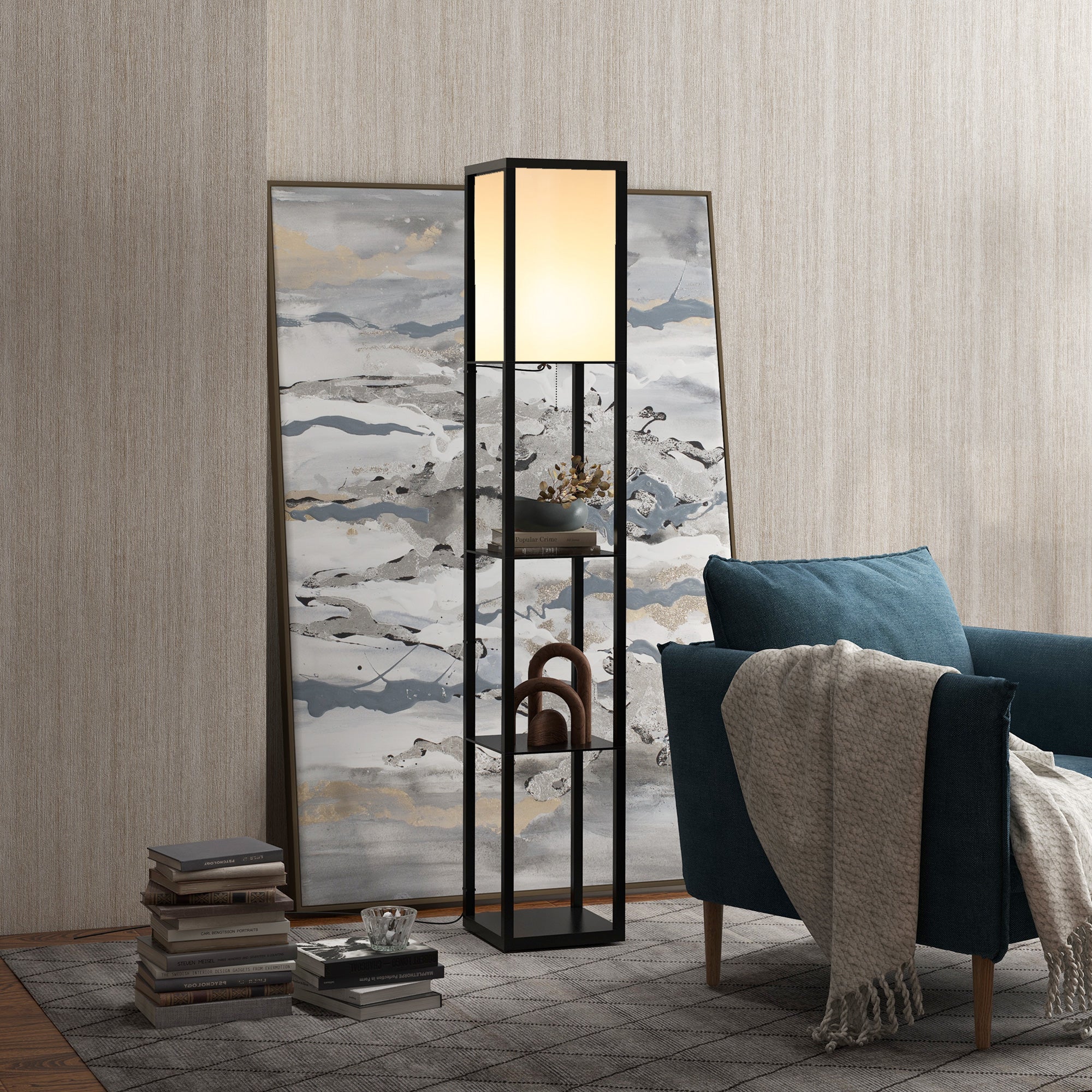 HOMCOM 3-Tier Floor Lamp, Floor Light with Storage Shelf, Reading Standing Lamp for Living Room, Bedroom, Kitchen, Dining Room, Office, Dorm, 160cm, Black - North Peak Garden Furniture