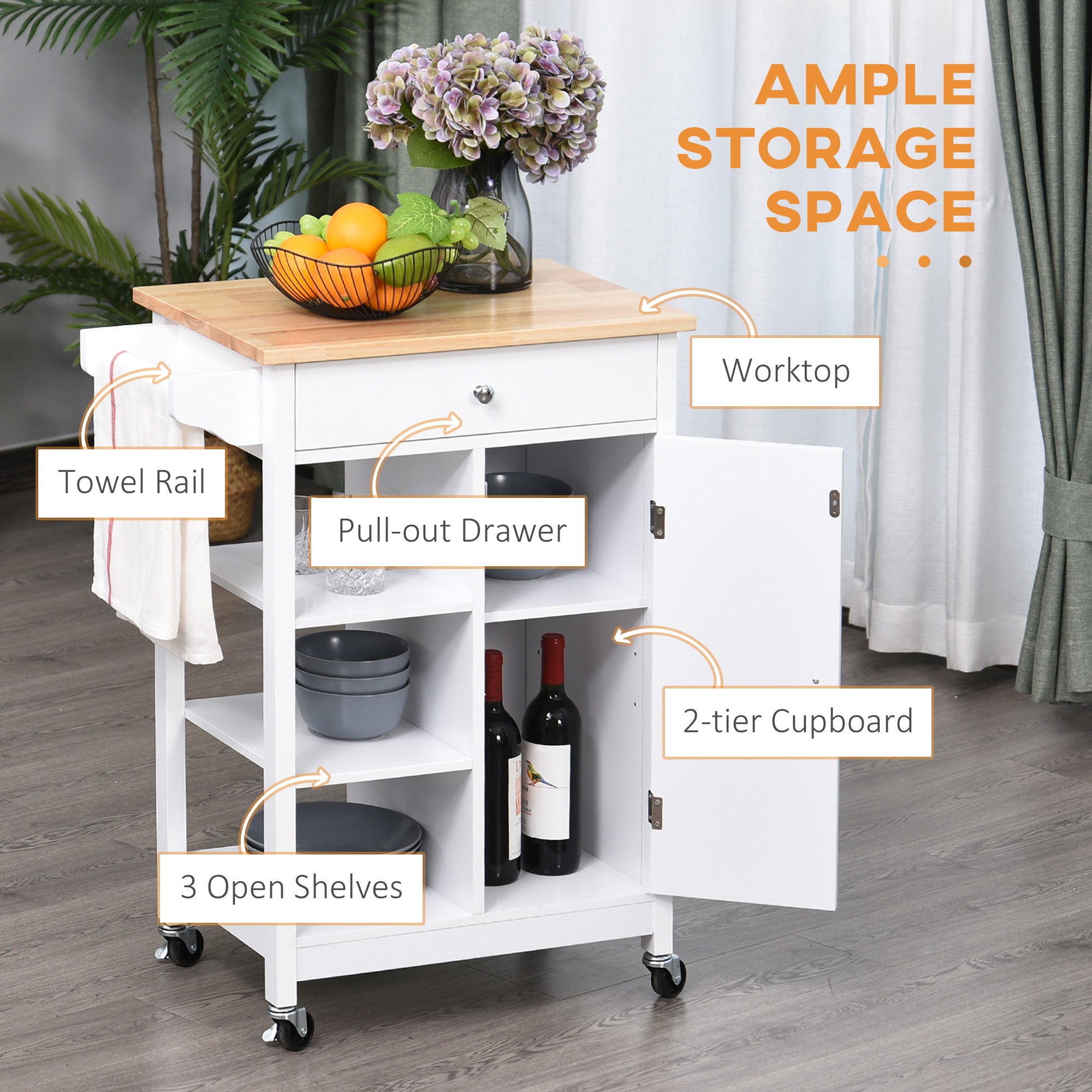 HOMCOM Kitchen Trolley, Kitchen Island on Wheels, w/ Wood Top, 3 Shelves and Storage Cupboard, White - North Peak Garden Furniture