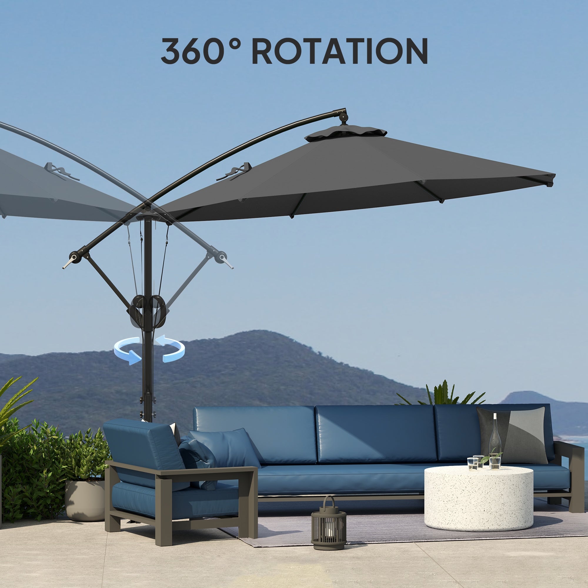 Outsunny 3(m) Garden Cantilever Parasol with Cover and Wind Protection Strap, Round Overhanging Umbrella with Crank Handle and Tilt, Banana Patio Umbrella for Outdoor Sun Shade, UPF50+, Grey - North Peak Garden Furniture