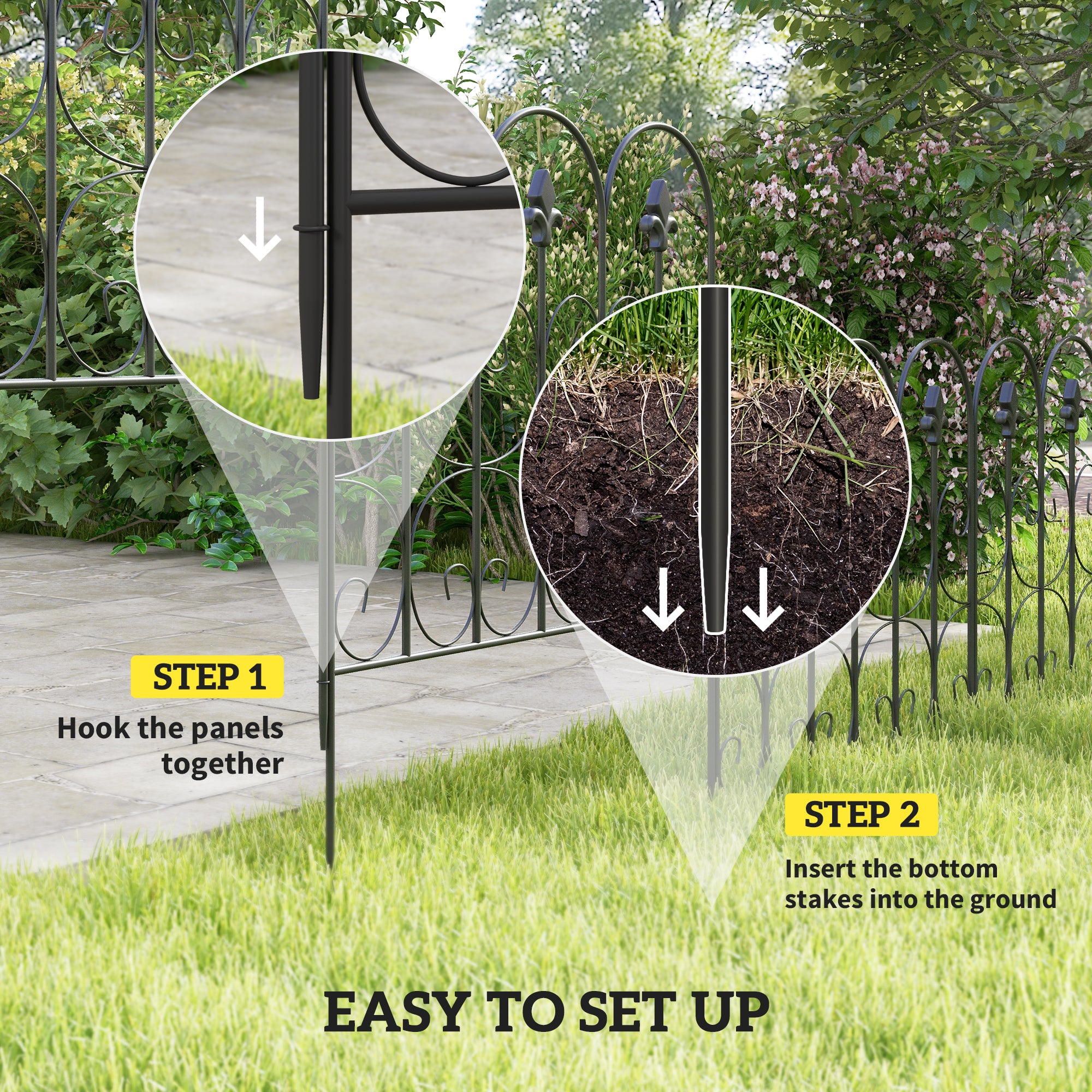 Outsunny Decorative Garden Fencing, 5PCs Outdoor Picket Fence Panels, Rustproof Metal Wire Landscape Flower Bed Border Edging Animal Barrier, Black - North Peak Garden Furniture