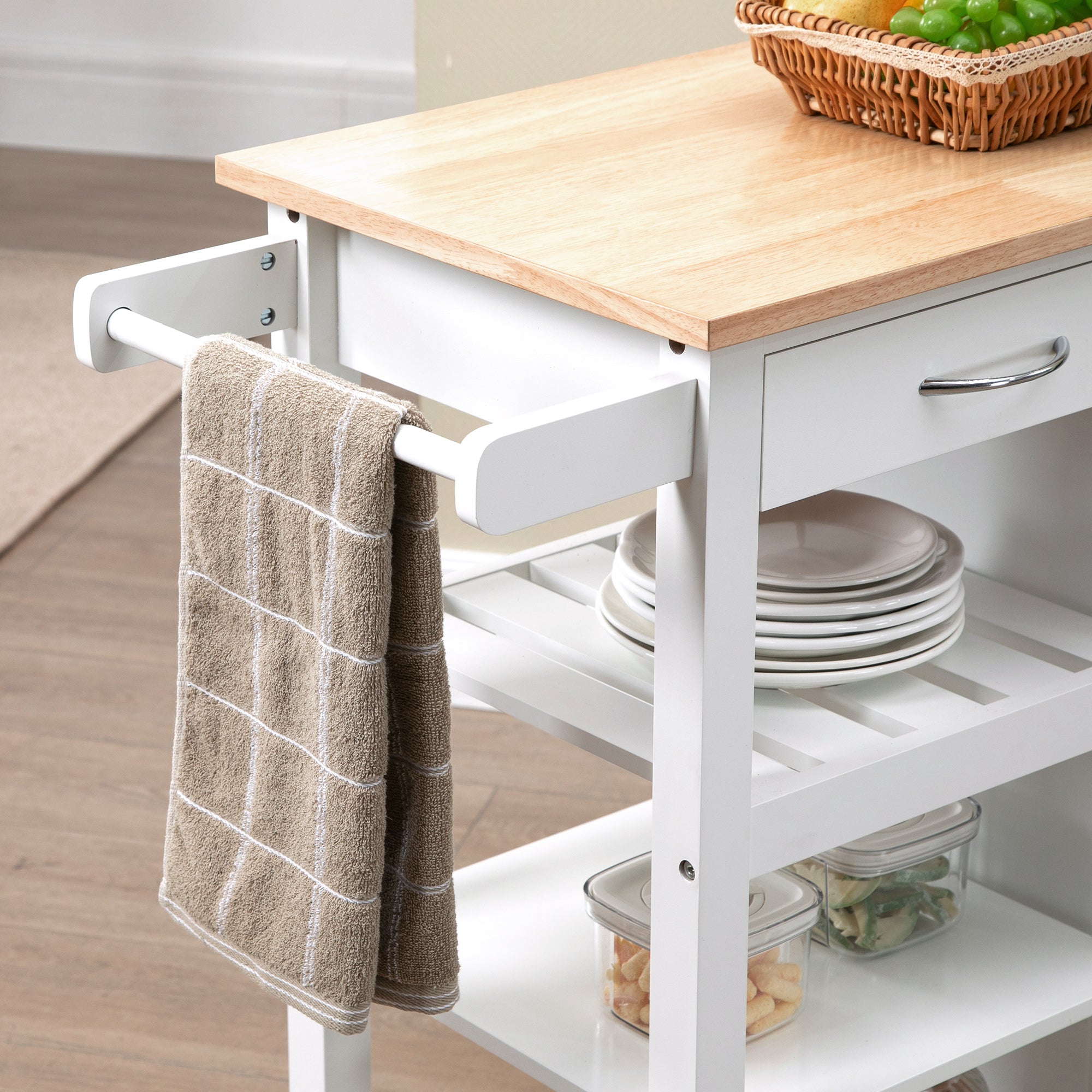 HOMCOM Kitchen Trolley, Kitchen Island on Wheels with Embossed Door Panel, Utility Kitchen Cart with 3 Storage Shelves, White - North Peak Garden Furniture