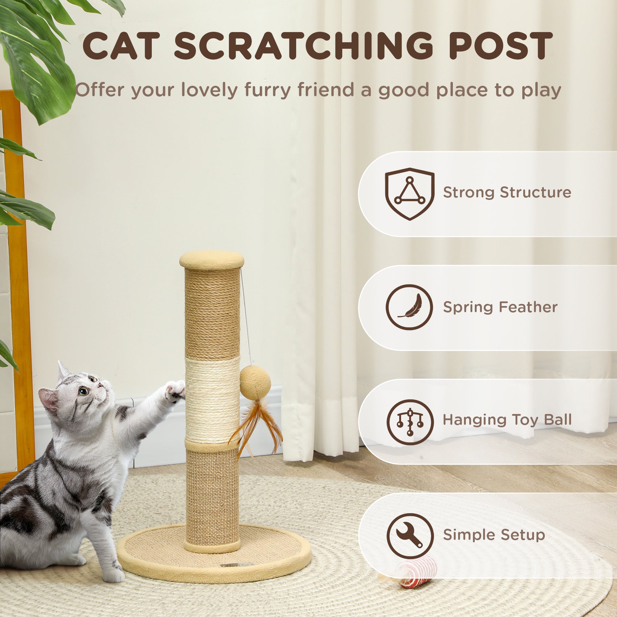 PawHut Cat Scratching Post for Indoor Cats, 47cm Tall Cat Scratcher with Jute Sisal Rope, Hanging Toy Ball, Feather, Brown - North Peak Garden Furniture