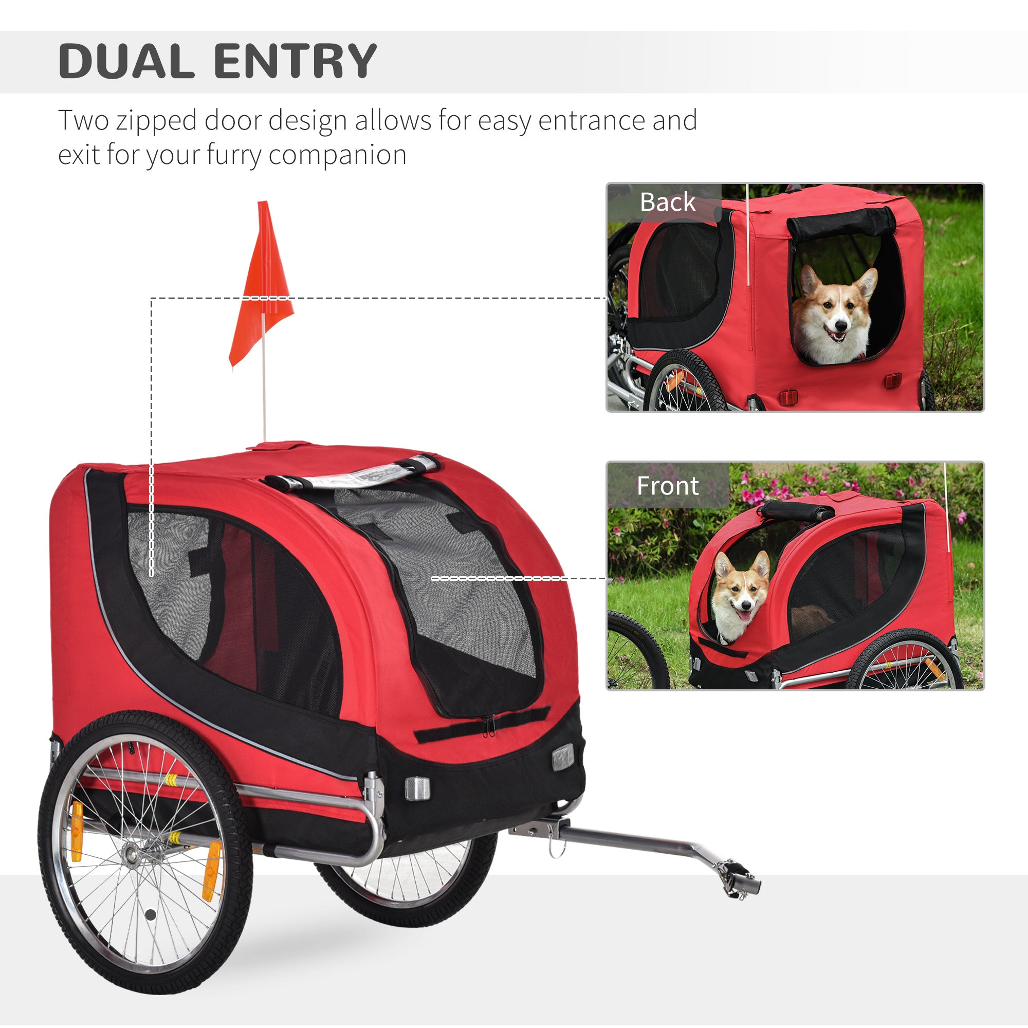 PawHut Steel Dog Bike Trailer Pet Cart Carrier for Bicycle Kit Water Resistant with Hitch Coupler Travel Black and Red - North Peak Garden Furniture
