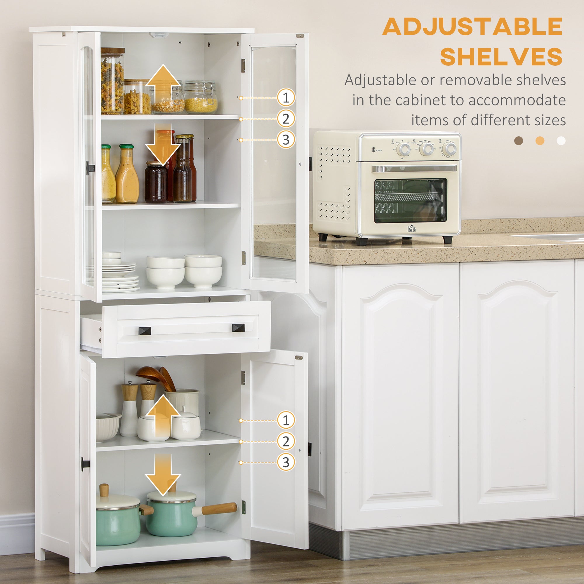 HOMCOM Kitchen Cupboard, Freestanding Storage Cabinet with 2 Adjustable Shelves, Drawer and Glass Door for Living Room, Dining Room, 160cm, White - North Peak Garden Furniture