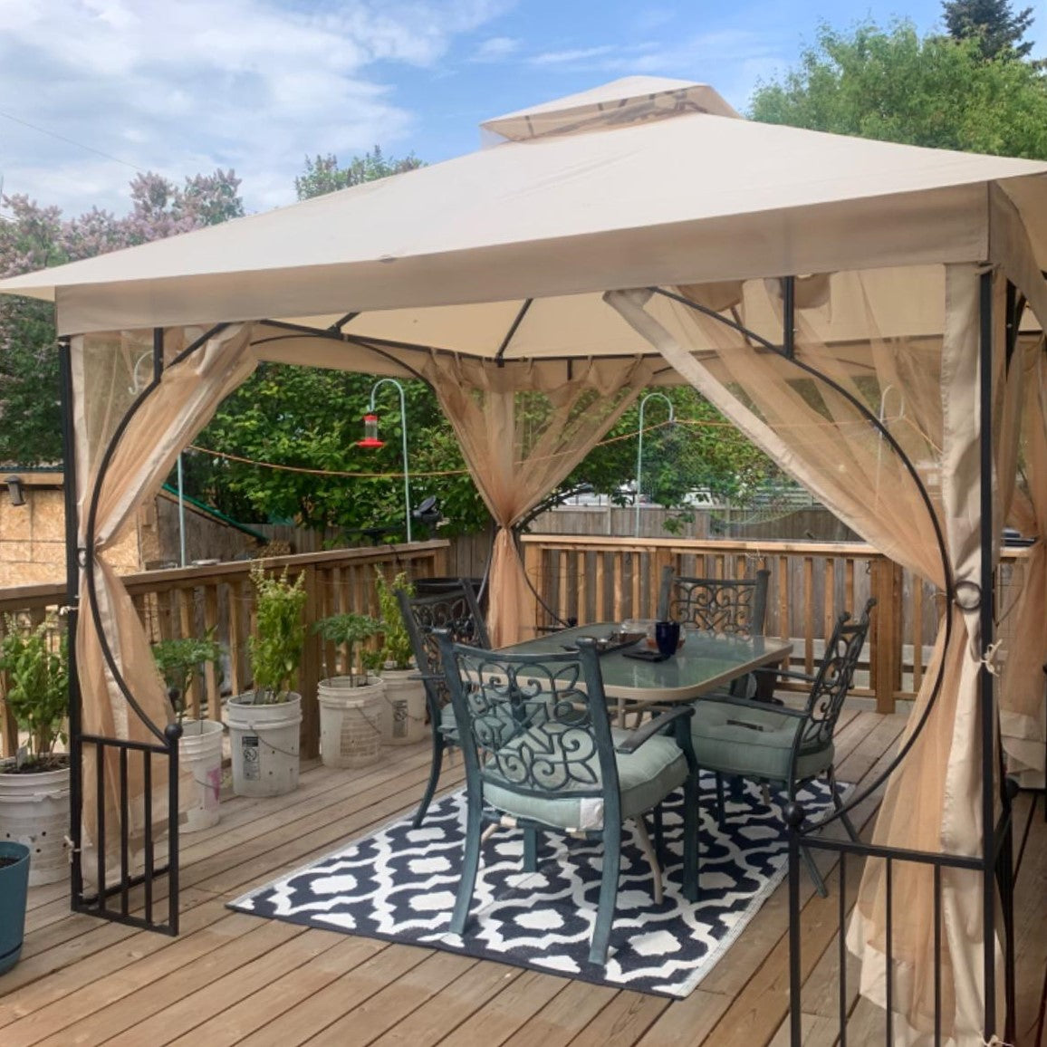 Outsunny 3 x 3(m) Garden Gazebo Patio Party Tent Shelter Outdoor Canopy Double Tier Sun Shade Metal Frame Netting Beige