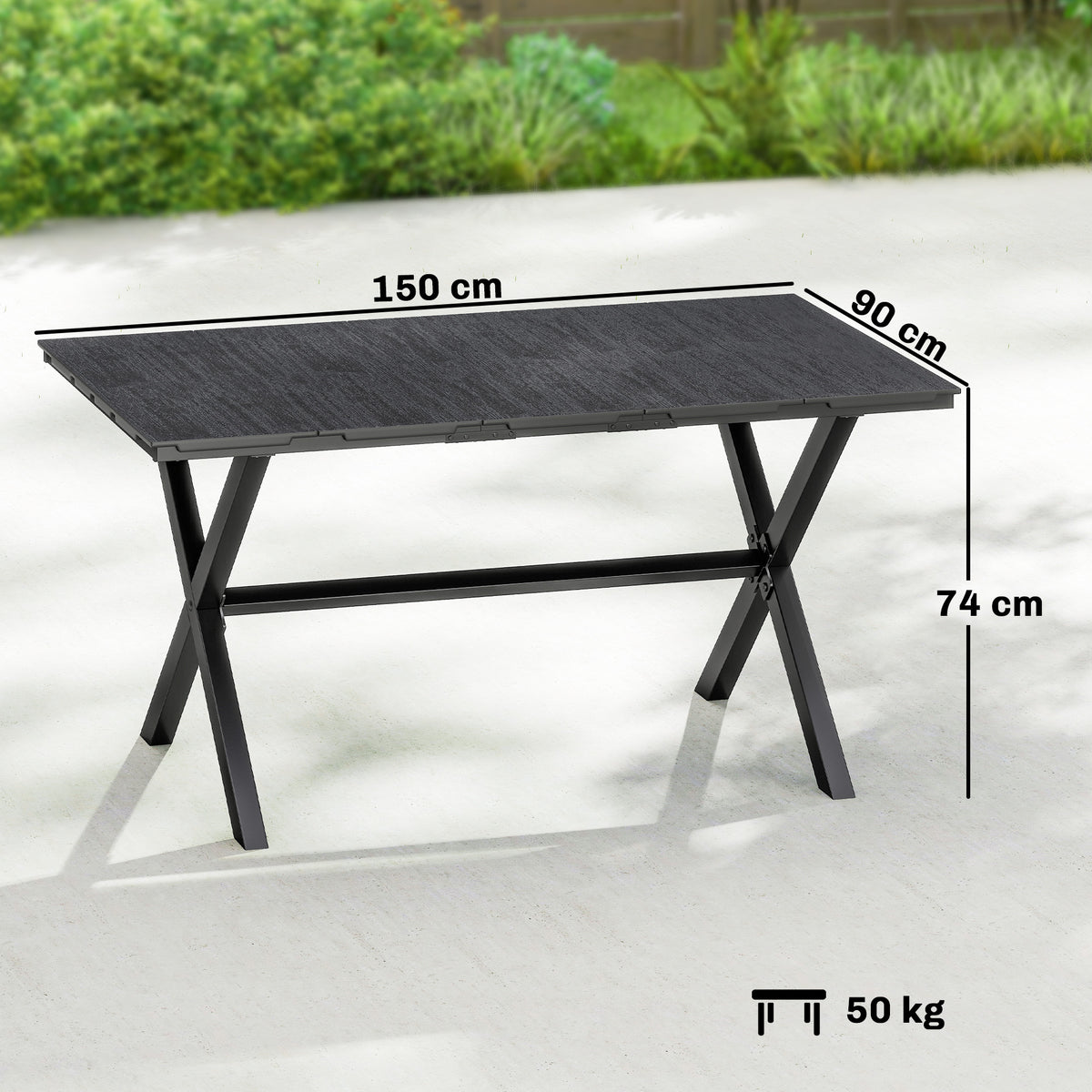 Outsunny Garden Dining Table for 6, Rectangular Outdoor Table with Wood Effect HDPE Top, X-Shaped Metal Legs, Black