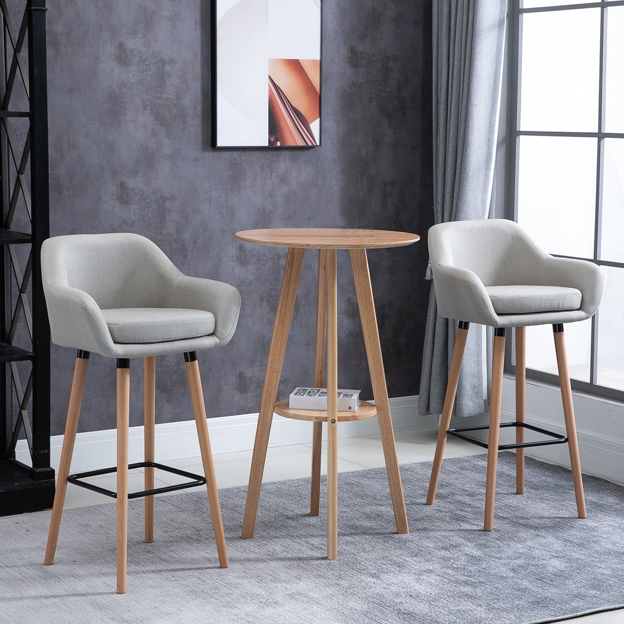 HOMCOM Set of 2 Bar Stools Modern Upholstered Seat Bar Chairs w/ Metal Frame, Solid Wood Legs Living Room Dining Room Fabric Furniture - Beige - North Peak Garden Furniture