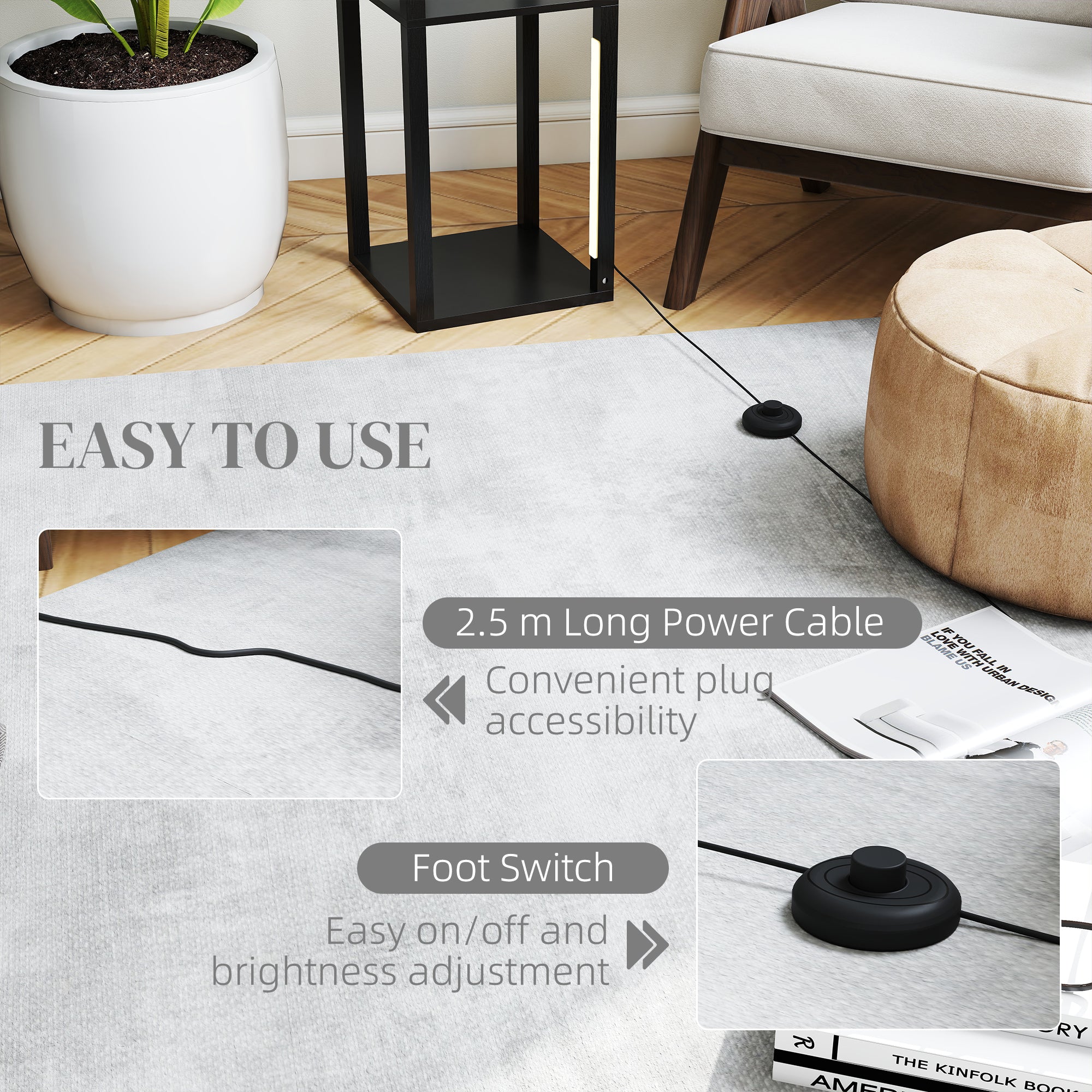 HOMCOM Floor Lamp with Shelves, 4 Layer Dimmable Column Modern Standing Lamp with 3 Brightness Levels and Foot Switch for Living Room, Bedroom, Office, Black - North Peak Garden Furniture