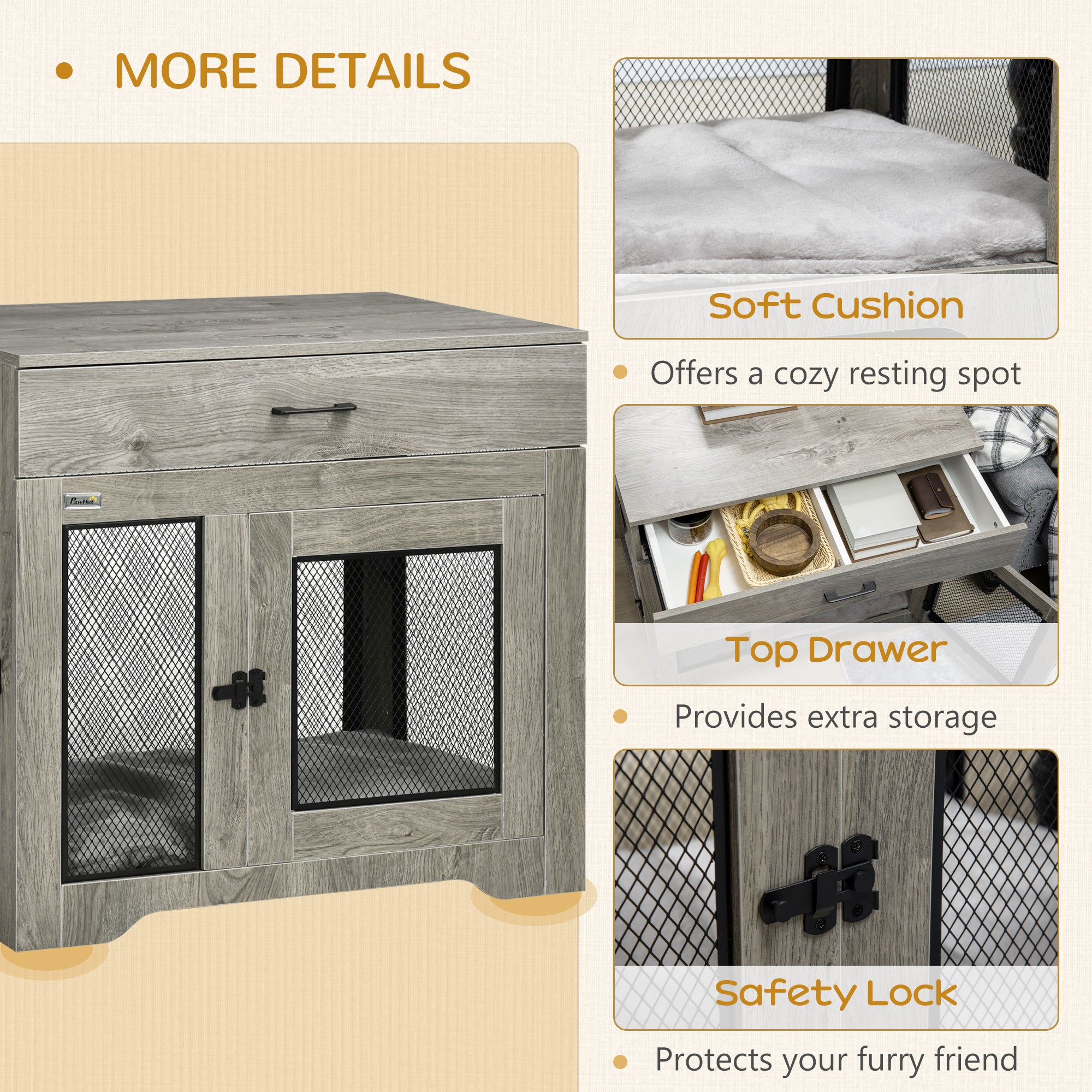 PawHut Dog Cage End Table with Two Doors, Drawer, for Medium Dogs - Grey - North Peak Garden Furniture