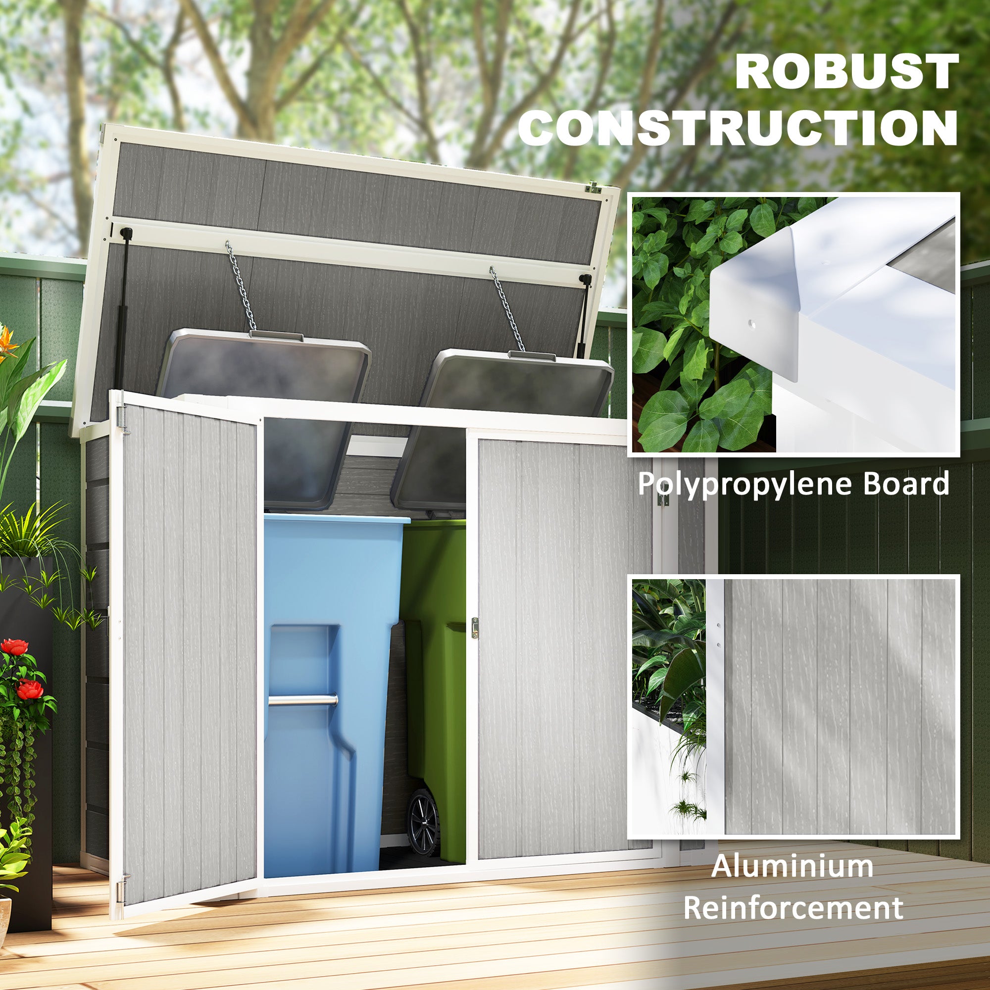 Outsunny 4.7 x 2.5FT Garden Shed, Lockable Outdoor Storage Shed with Openable Lid, Small Shed for 2 Trash Cans, Tools, Patio, Light Grey - North Peak Garden Furniture
