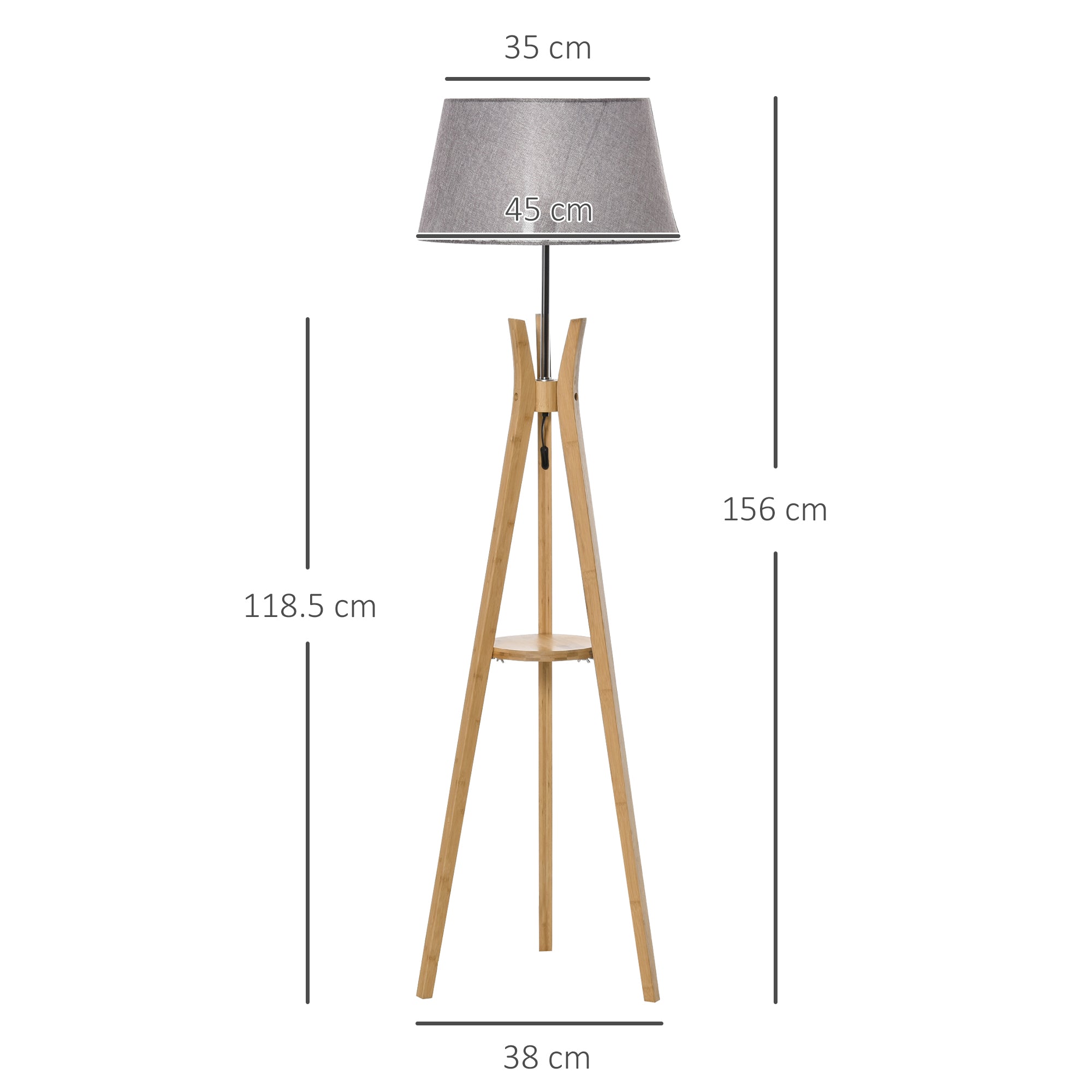 HOMCOM Natural Wood Tripod Floor Lamp Light E27 Base Bedroom Living Room Fabric Shade Storage Shelf Foot Switch, 156cm, Grey - North Peak Garden Furniture