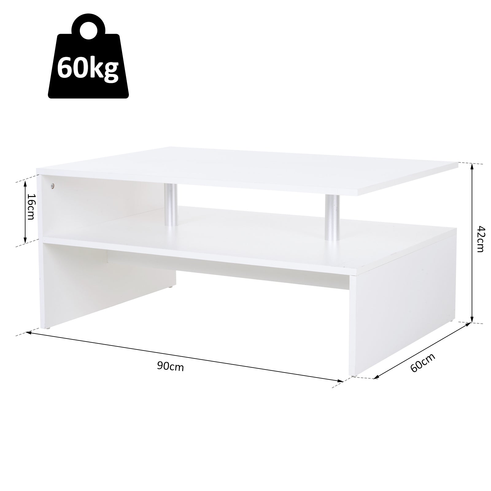 HOMCOM Coffee Table with Storage, 2-Tier Centre Table, Modern Living Room Table with Open Shelf and Aluminium Poles, White - North Peak Garden Furniture