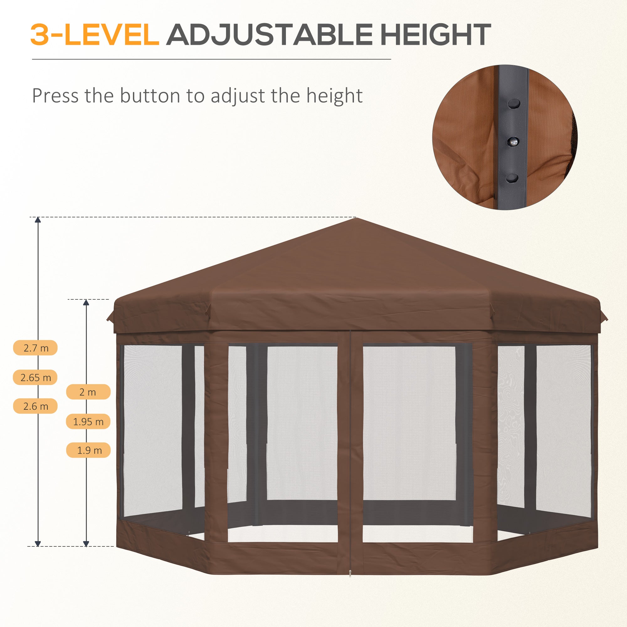 Outsunny 3.5m x 4m Hexagonal Pop Up Gazebo, Canopy Tent Sun Shelter for Patio Outdoor Party, Height Adjustable, with Mosquito Netting and Carry Bag - Brown - North Peak Garden Furniture