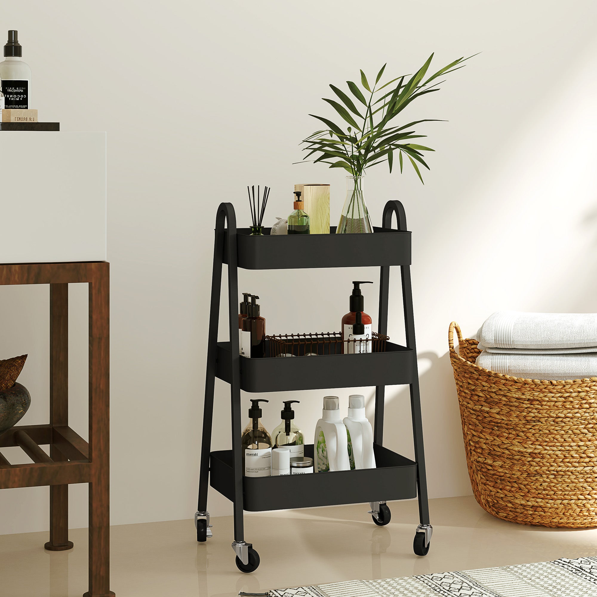 HOMCOM 3-Tier Storage Trolley on Wheels - Black - North Peak Garden Furniture