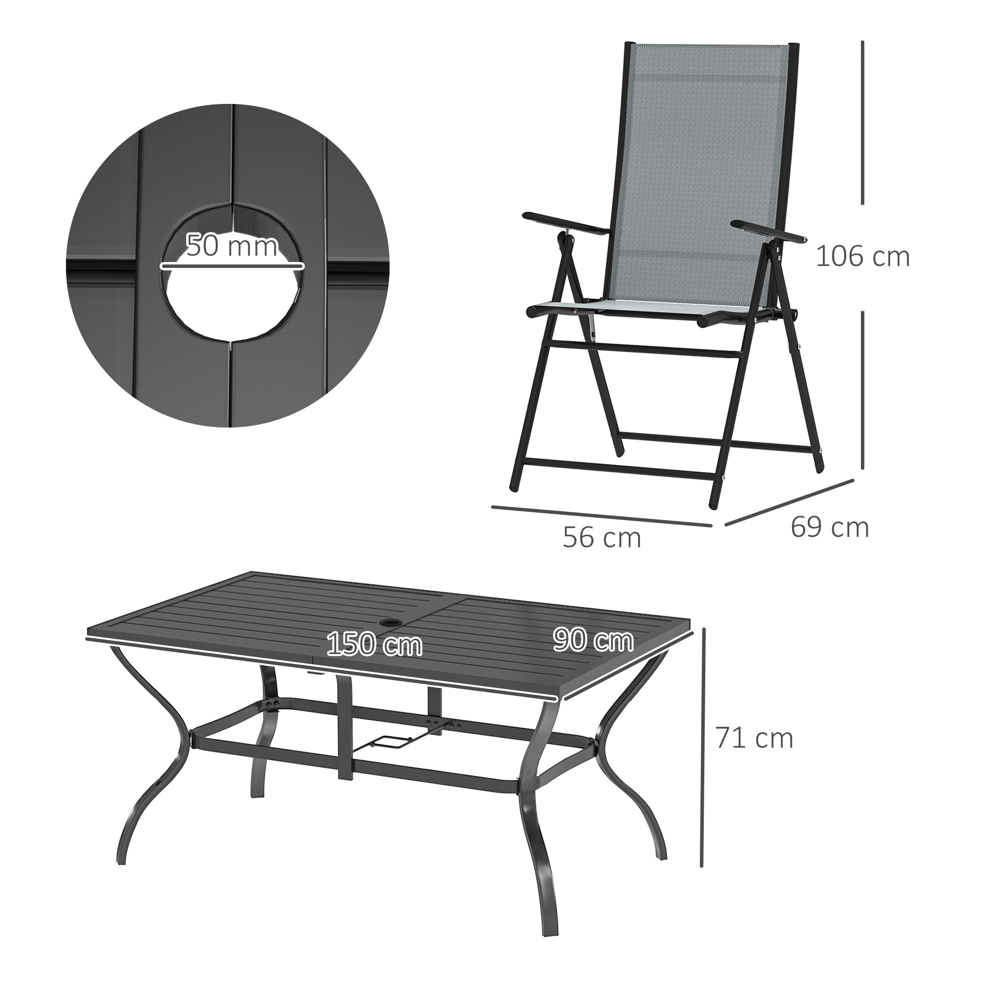 Outsunny Seven-Piece Steel Outdoor Dining Set, with Parasol Hole - Grey - North Peak Garden Furniture