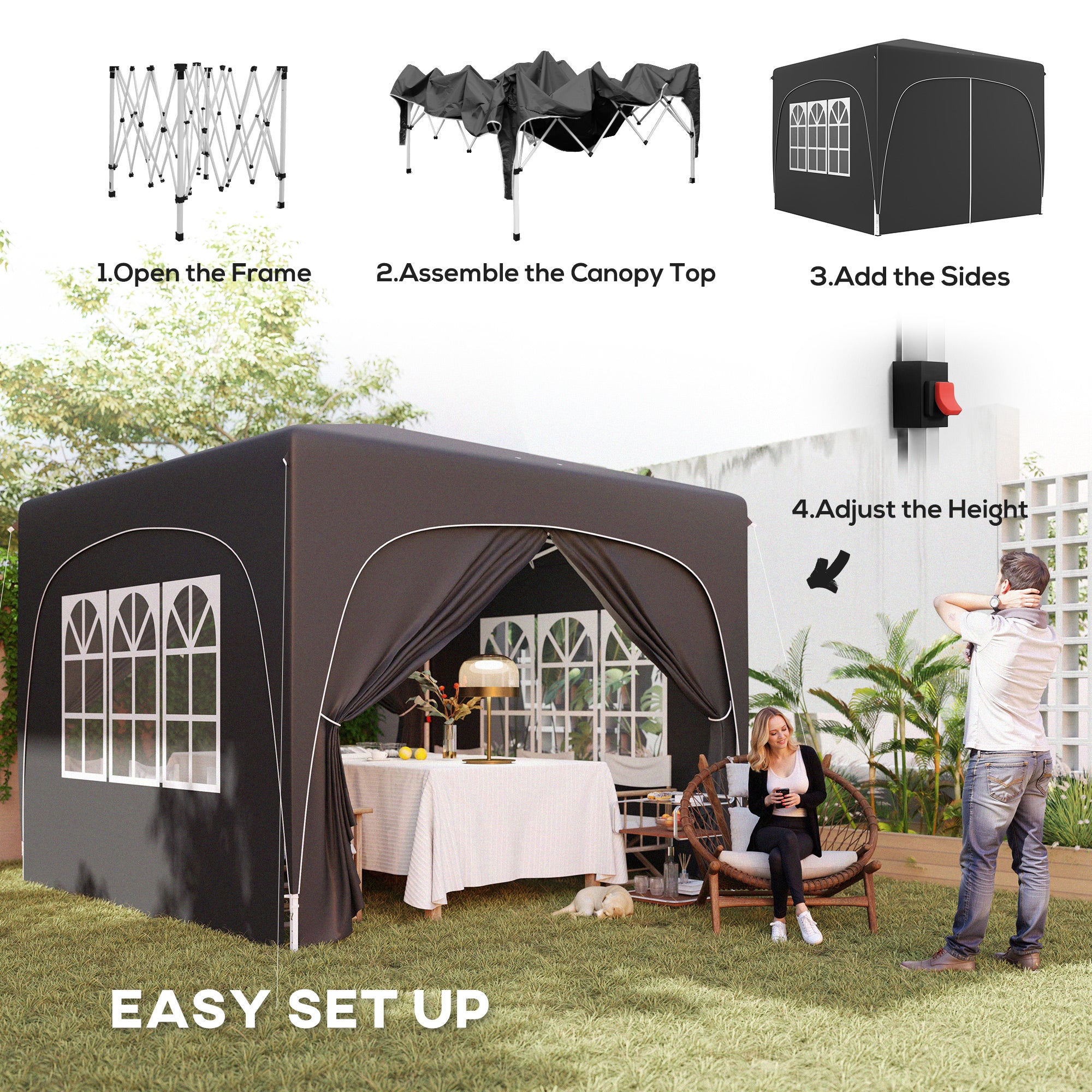 Outsunny 3 x 3m Pop-Up Gazebo Shelter, with Accessories - Black - North Peak Garden Furniture