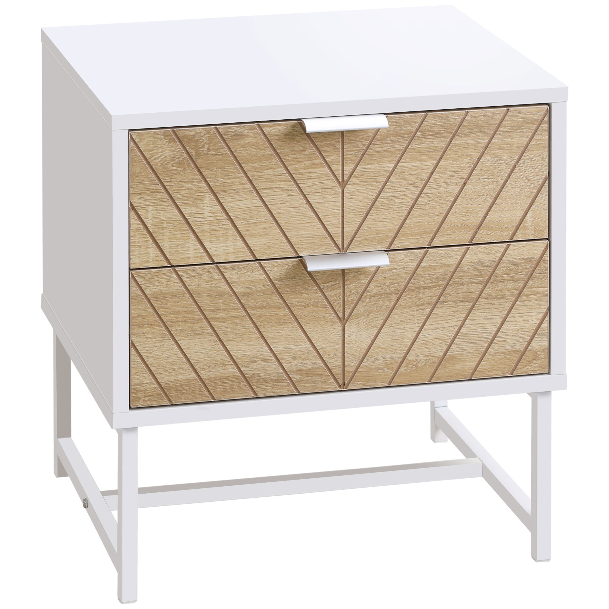 HOMCOM Modern Bedside Table with 2 Drawers and Metal Frame, Sofa Side Table for Bedroom Living Room, White and Oak - North Peak Garden Furniture