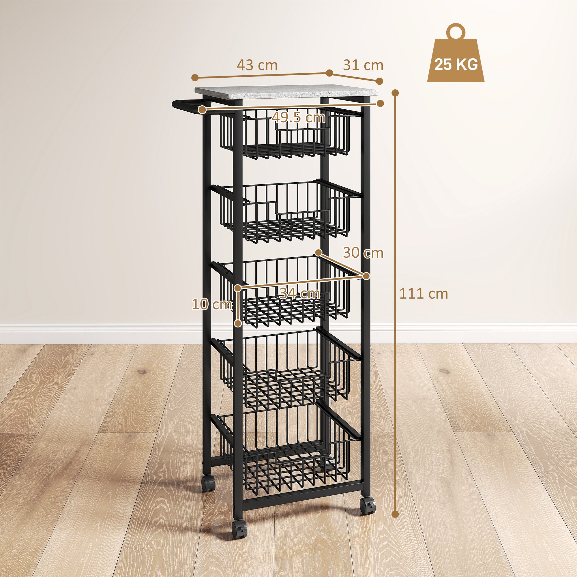 HOMCOM Five Basket Mobile Kitchen Island, with Brakes - Grey/Black
