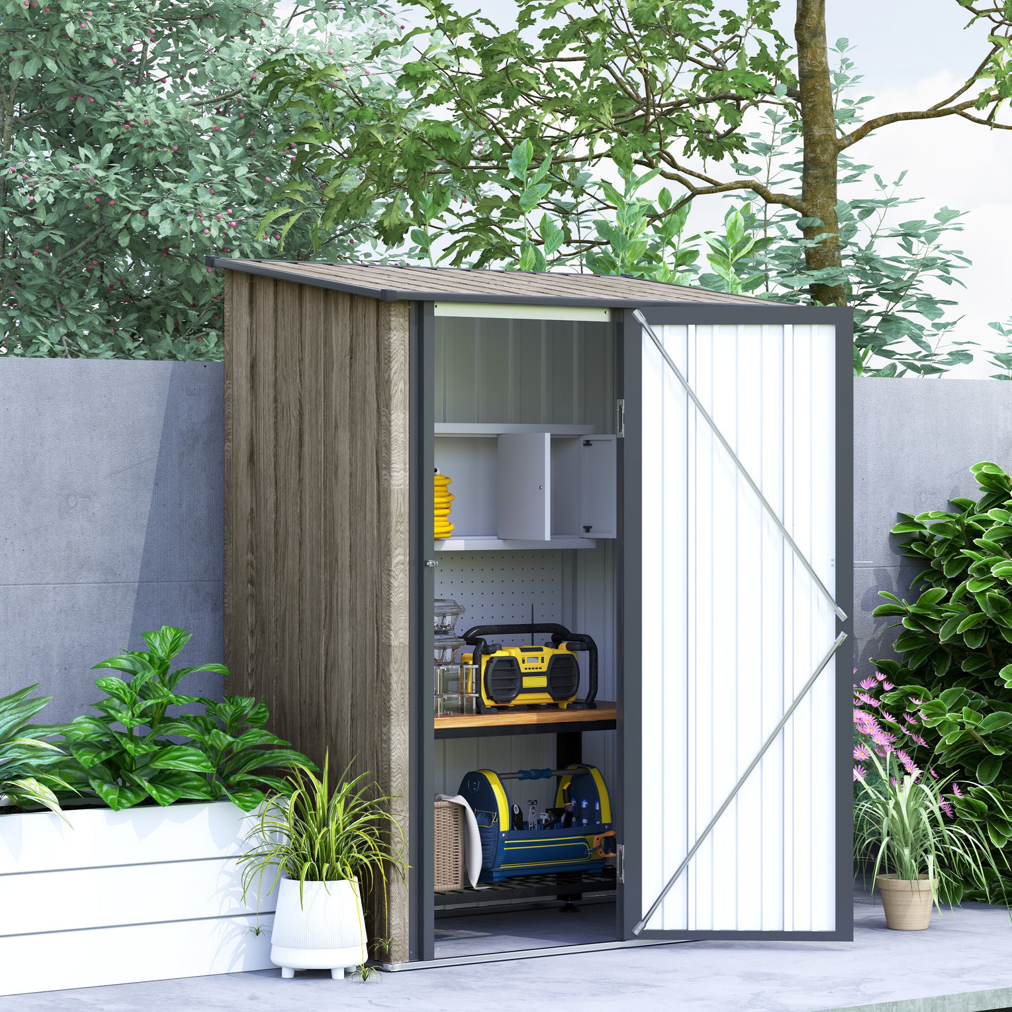 Outsunny 5ft x 3ft Metal Garden Storage Shed, Outdoor Tool Shed with Sloped Roof, Lockable Door for Tools, Equipment, Light Grey - North Peak Garden Furniture