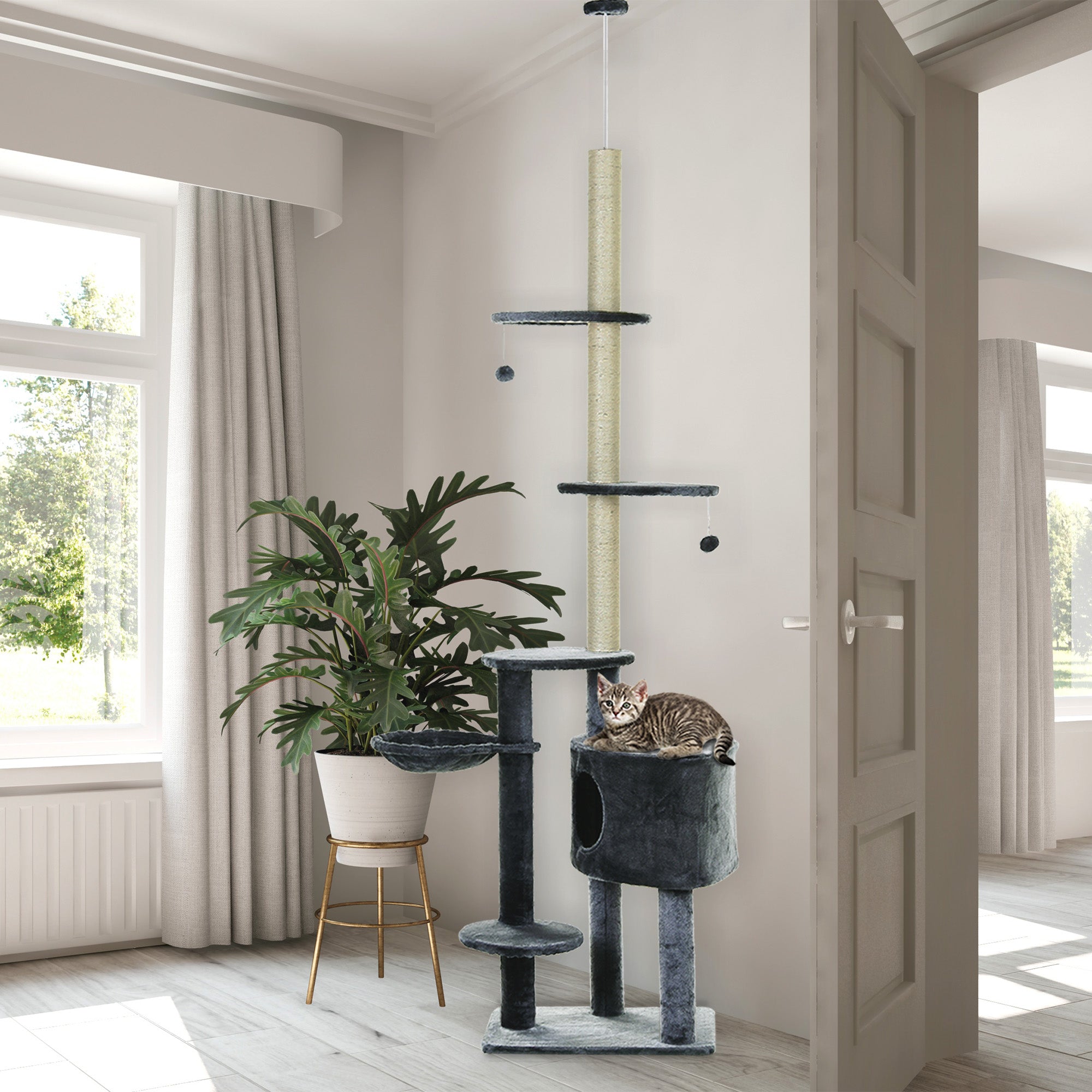 PawHut Floor to Ceiling Cat Tree for Indoor Cats Play Tower Climbing Activity Center Scratching Post Platforms Condo Adjustable Height 220-265cm Dark Grey - North Peak Garden Furniture