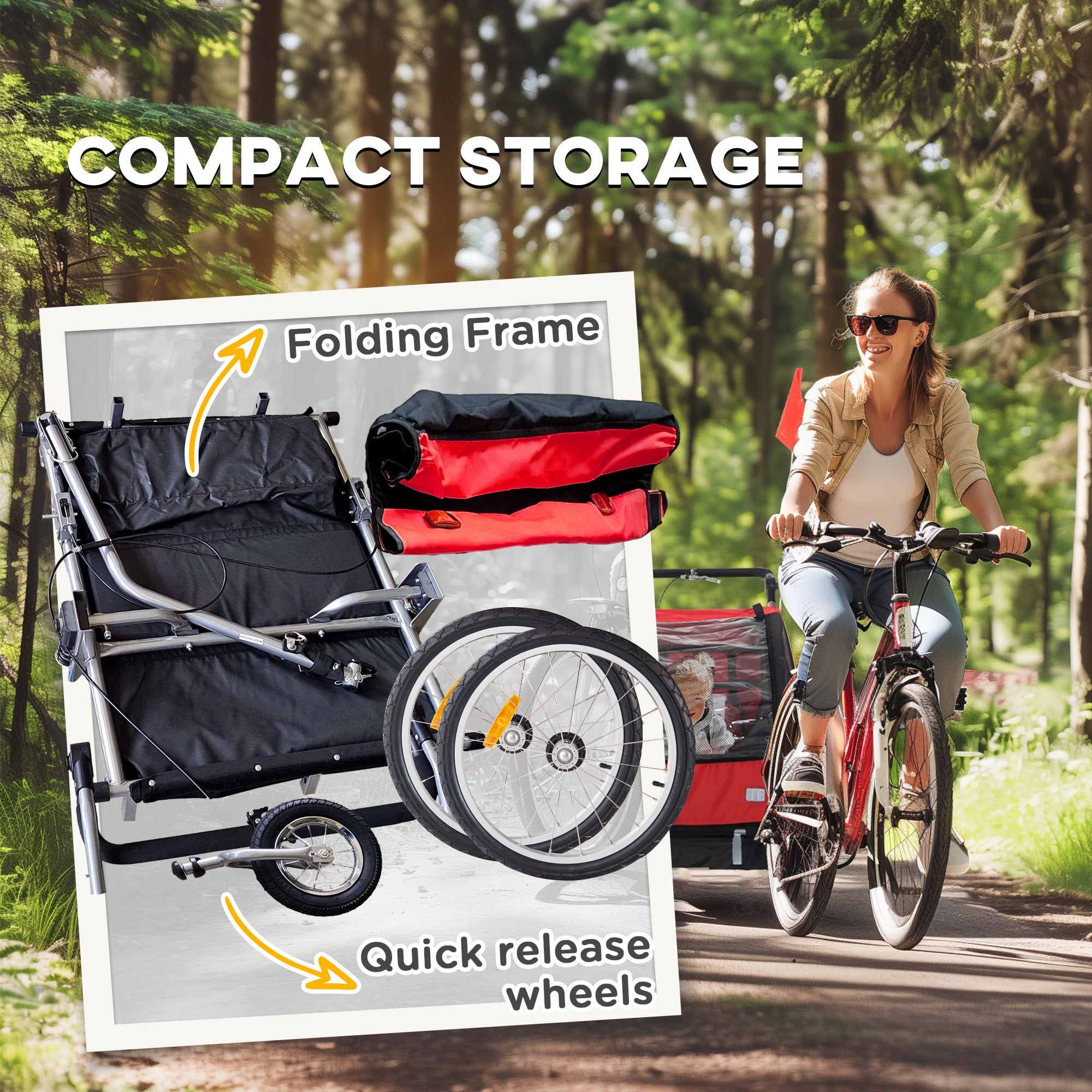 HOMCOM 2 Seat Bike Trailer with 5 Point Harness, Baby Bike Stroller with Safety Flag, Reflectors, for 18+ Months, Red - North Peak Garden Furniture