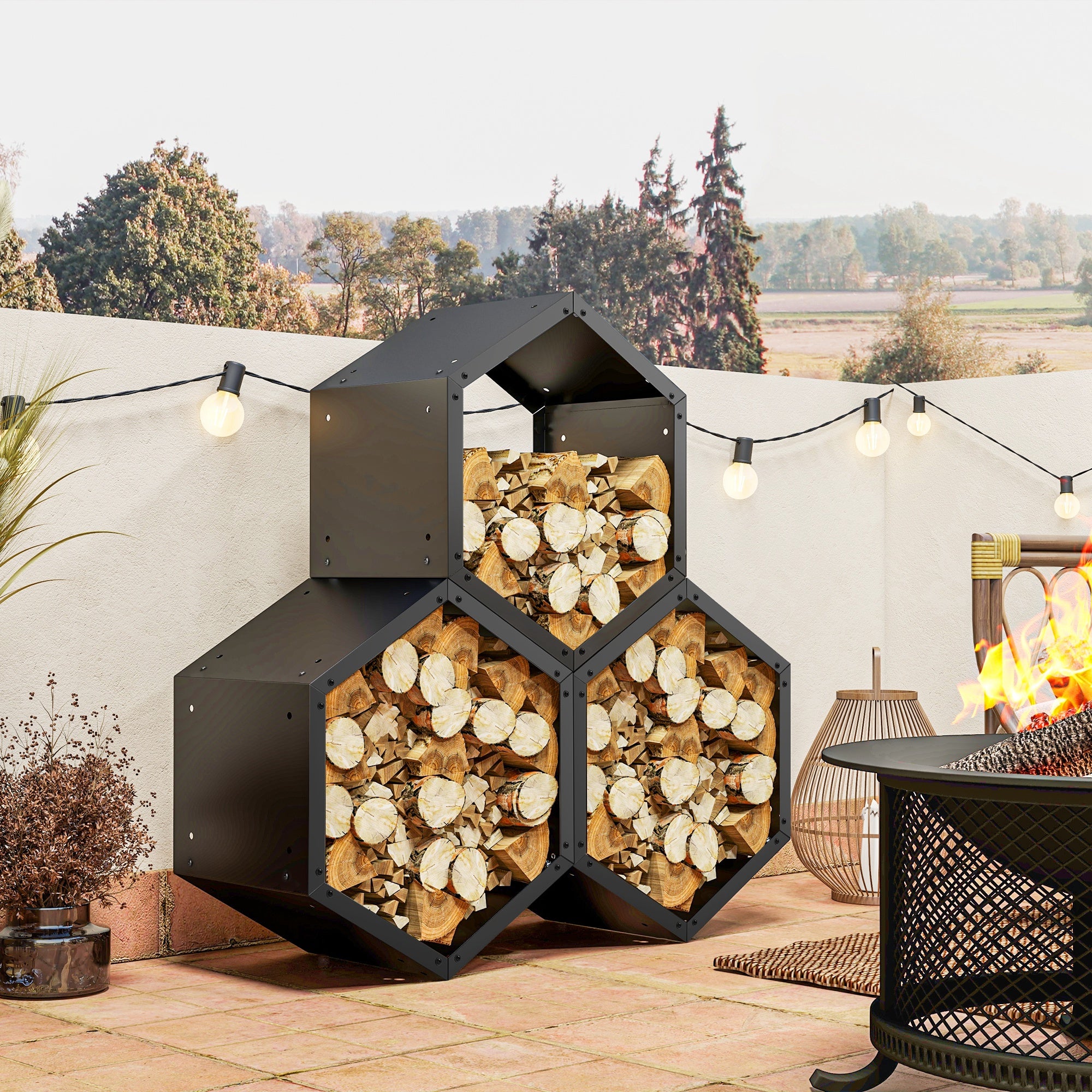 Outsunny Fireplace Log Rack, Steel Firewood Log Holder, 3 Hexagon Boxes, Indoor Outdoor Wood Storage Shelf, 113 x 37 x 113cm, Black